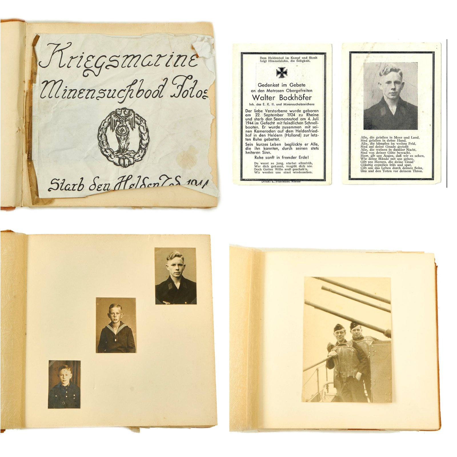 Buy Original German WWII Kriegsmarine Minesweeper Service Personal Photo Album of Walter Bockhöfer with Death Card - KIA July 1944 | Original Firearms Antique For Sale