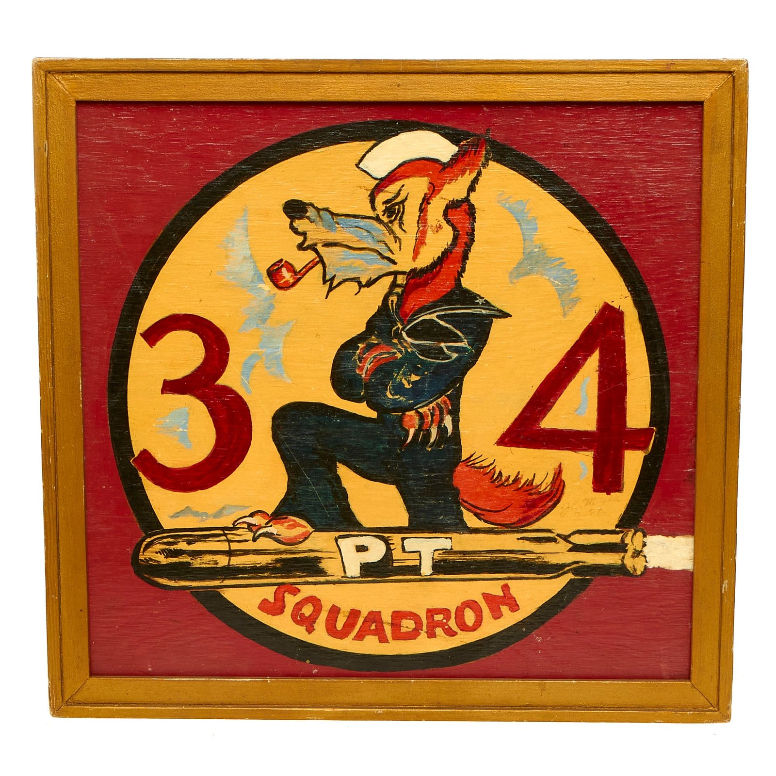 Buy Original U.S. WWII Framed Hand Painted Wood Sign For Patrol Torpedo boat Squadron 34 - 13 ¼” x 13 ¾” | Original Firearms Antique For Sale