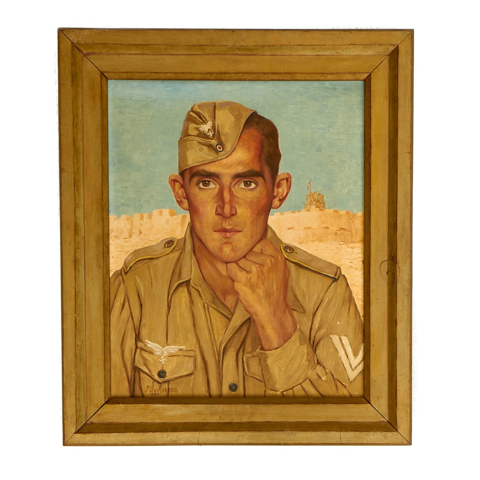 Buy Original German WWII 1941 Dated Framed Portrait Painting of Luftwaffe DAK Flight Branch Obergefreiter in North Africa by Felix Otto Von Rossen - 16" x 20 1/2" | Original Firearms Antique For Sale