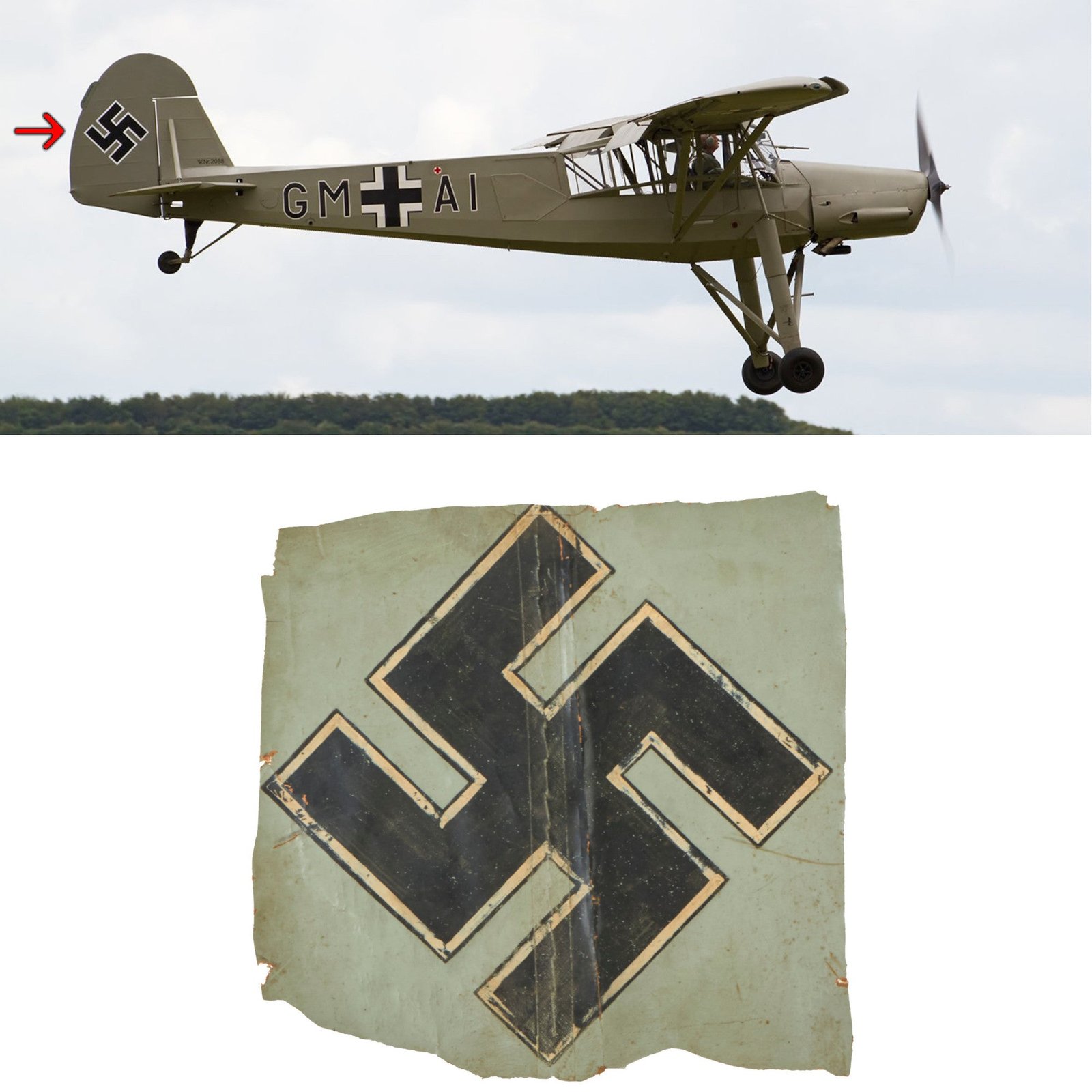 Buy Original German WWII Fieseler Fi 156 Storch Aircraft Painted Cloth Tail Rudder Insignia Section - 16" x 16" | Original Firearms Antique For Sale