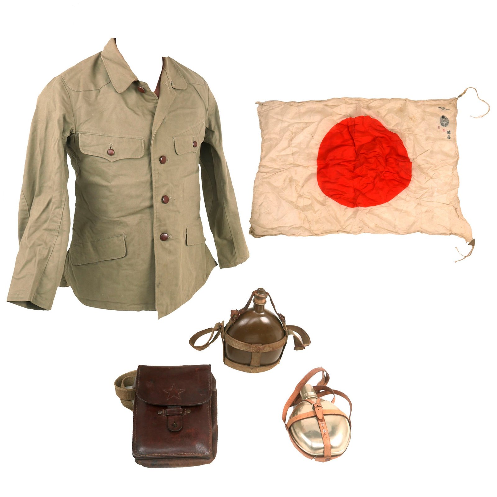 Buy Original Imperial Japanese Army WWII Field Gear Lot Featuring Canteens, Map Case, Winter Service Tunic and 36” x 26” Flag With Temple Stamps - 5 Items | Original Firearms Antique For Sale