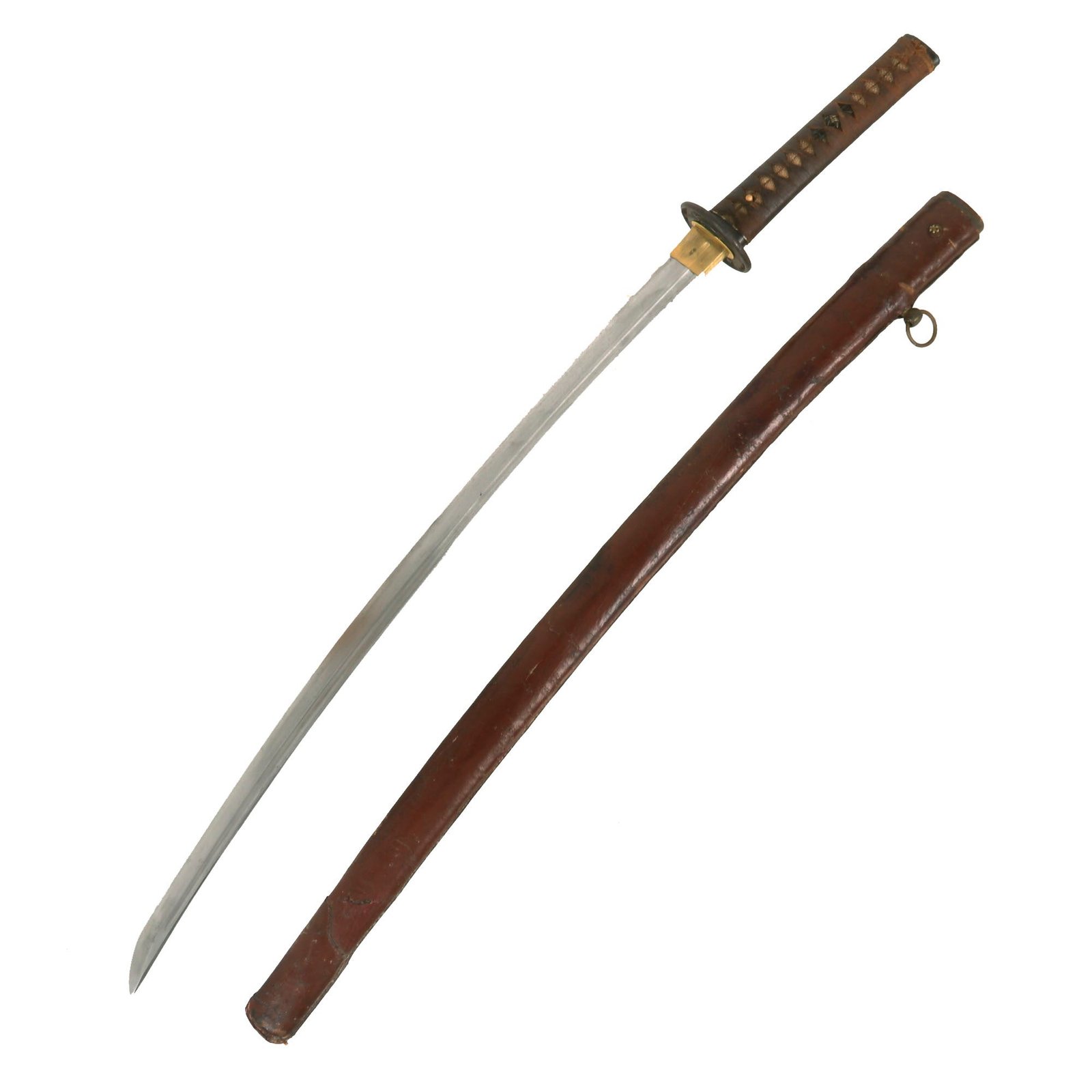 Buy Original Japanese Edo Period Handmade Katana Sword with Fullered Blade and WWII Leather Covered Scabbard | Original Firearms Antique For Sale
