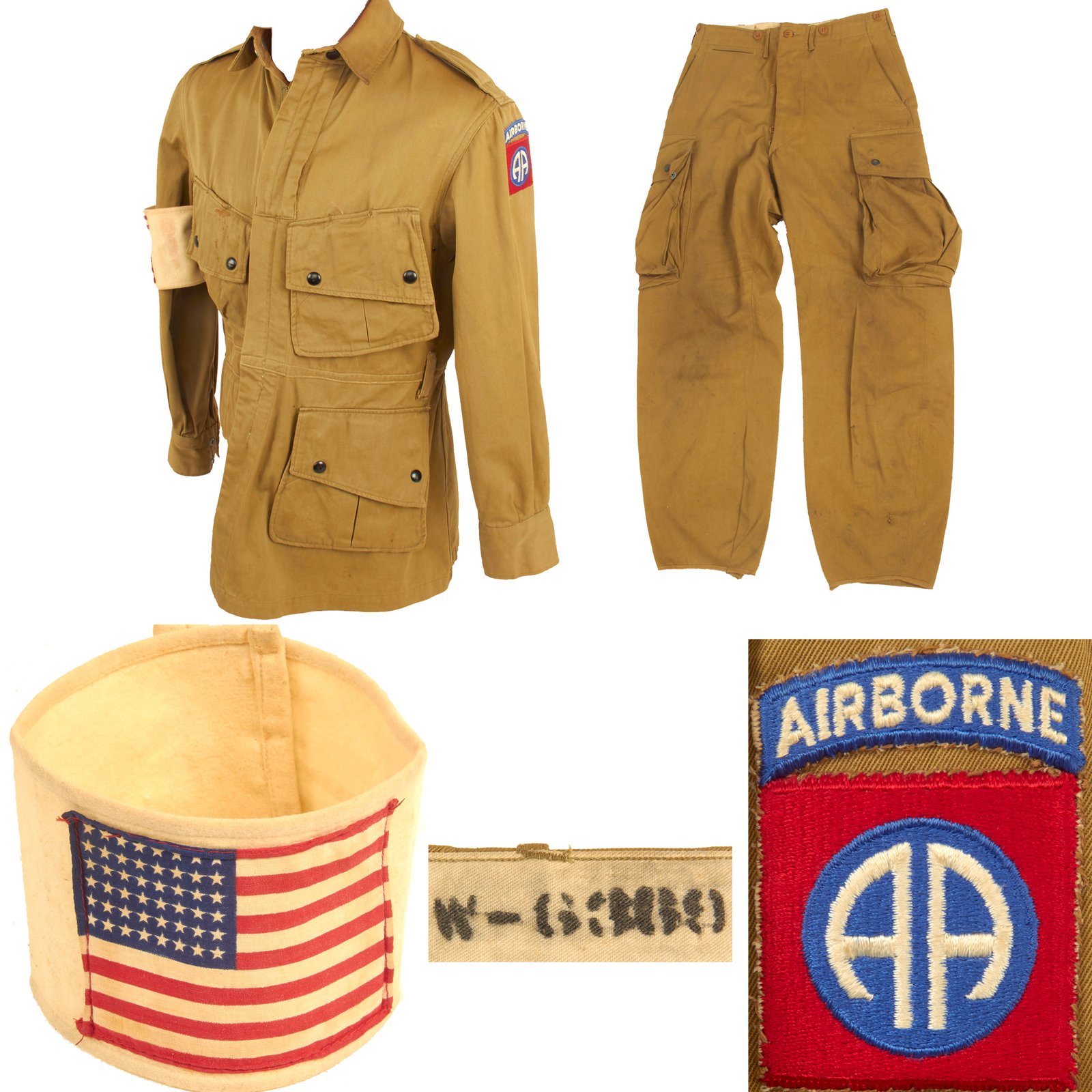 Buy Original U.S. WWII 82nd Airborne Division M1942 Paratrooper Jump Jacket without Reinforcements with British Made American Flag Invasion Armband and Laundry Number Marked Trousers | Original Firearms Antique For Sale