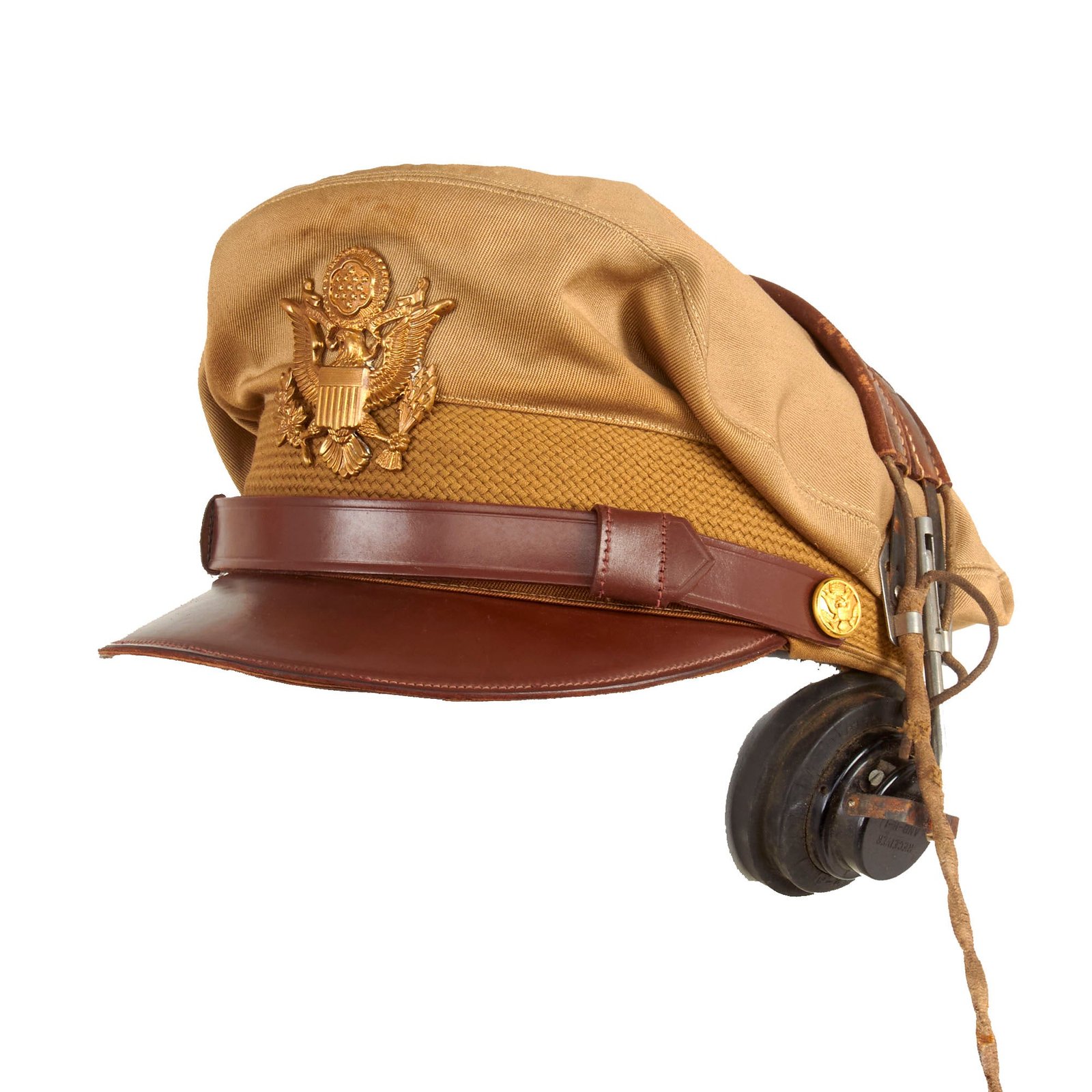 Buy Original U.S. WWII Army Air Force Officer Tan Crusher Cap by Raleigh Haberdasher With ANB-H-1 Headset - Size 7 ¼ | Original Firearms Antique For Sale