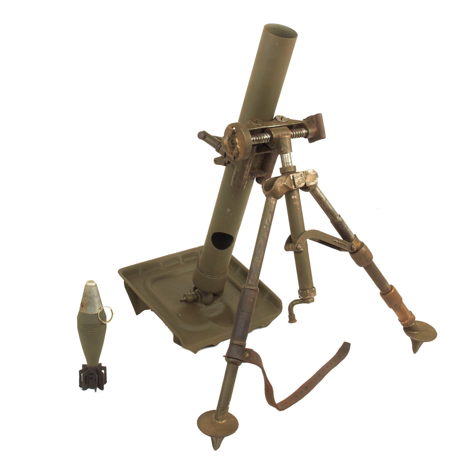 Buy Original U.S. WWII M2 60mm Display Mortar System with Early Exposed Gear M2 Bipod & Inert Round - Dated 1944 & 1941 | Original Firearms Antique For Sale