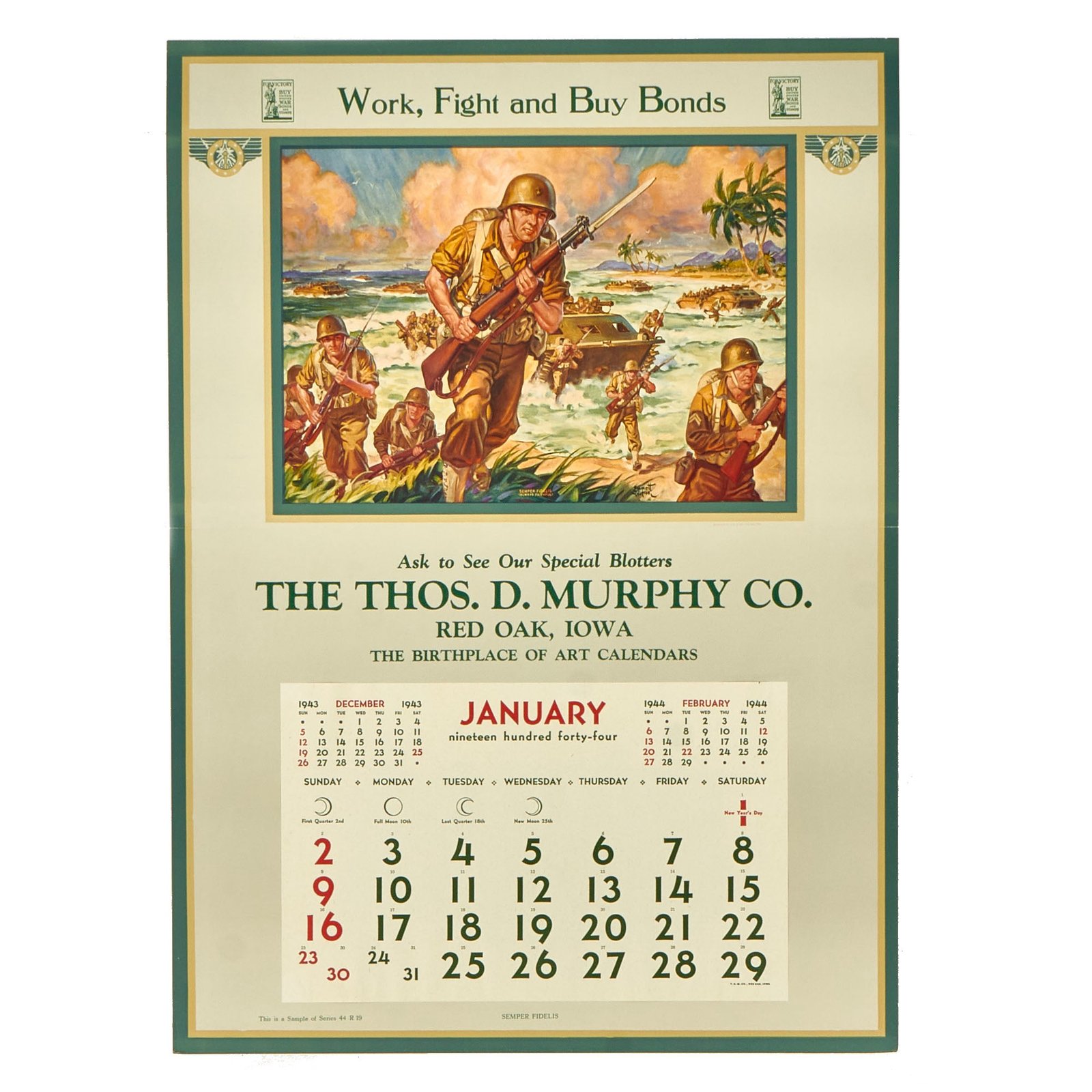 Buy Original U.S. WWII US Marine Corps “Work, Fight and Buy Bonds” January 1944 Calendar Sample Page by Thos. D. Murphy Co. Factory and Power Plant - 27 ¼” x 19 ½” | Original Firearms Antique For Sale