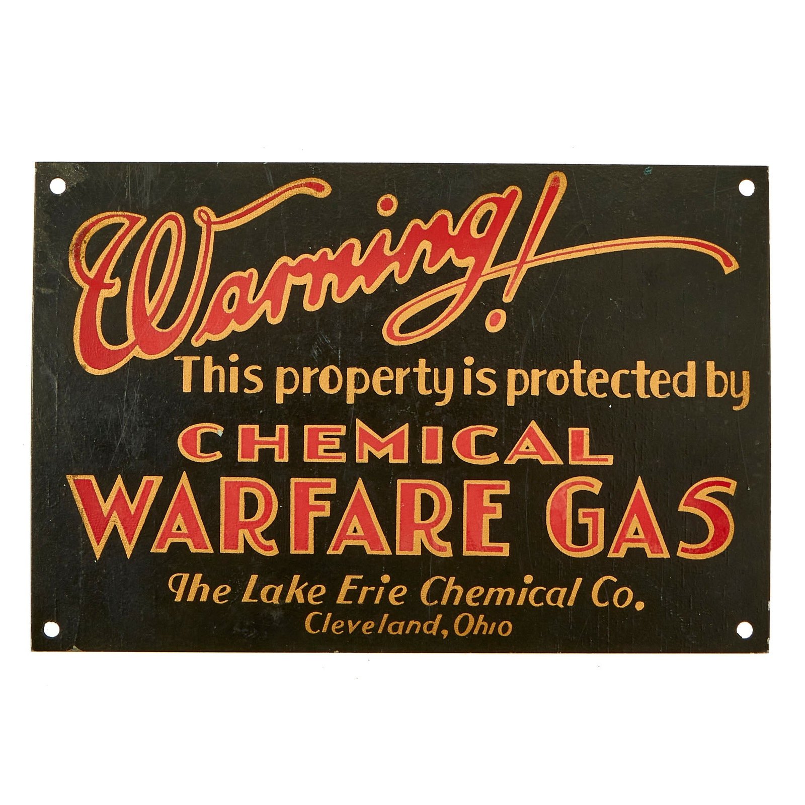 Buy Original U.S. Pre WWII Era Lake Erie Chemical Company Chemical Warfare Gas Warning Sign - Circa 1920s - 6 ¼” x 4 ⅛” | Original Firearms Antique For Sale
