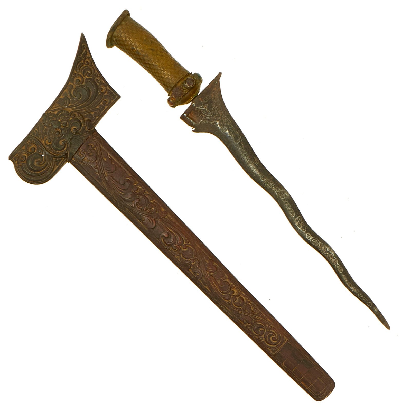 Buy Original 18th Century Balinese Indonesian Kris Dagger With Ornately Carved “Glorious Face” Kirtimukha Motif Scabbard | Original Firearms Antique For Sale