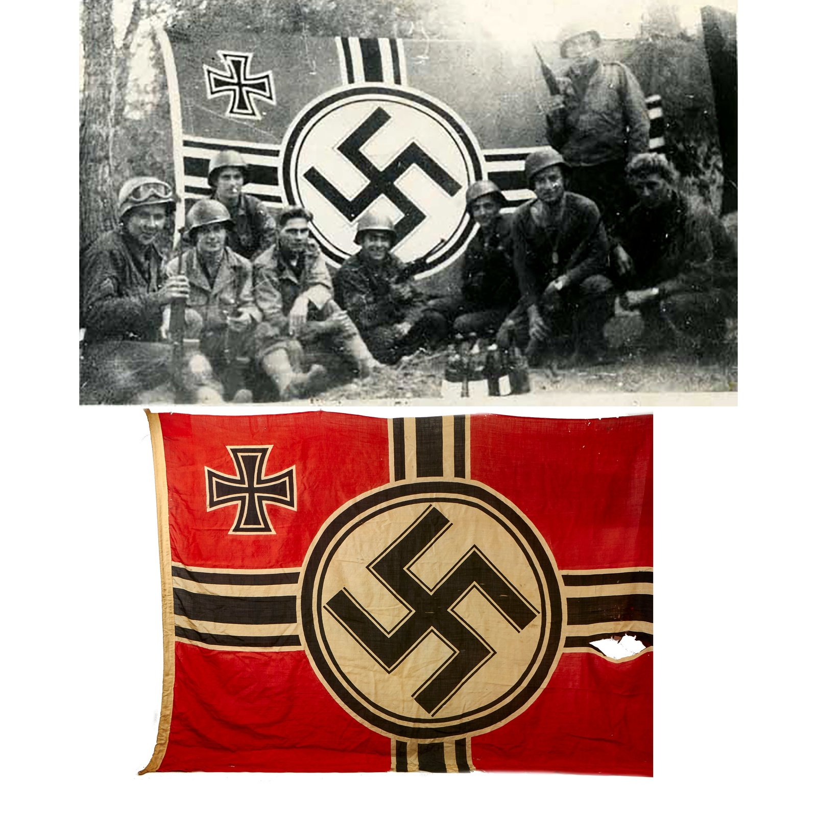 Buy Original German WWII USGI Captured and Inscribed Kriegsmarine 200cm x 335cm Naval Battle Flag with Photo & Research - Reichskriegsflagge | Original Firearms Antique For Sale