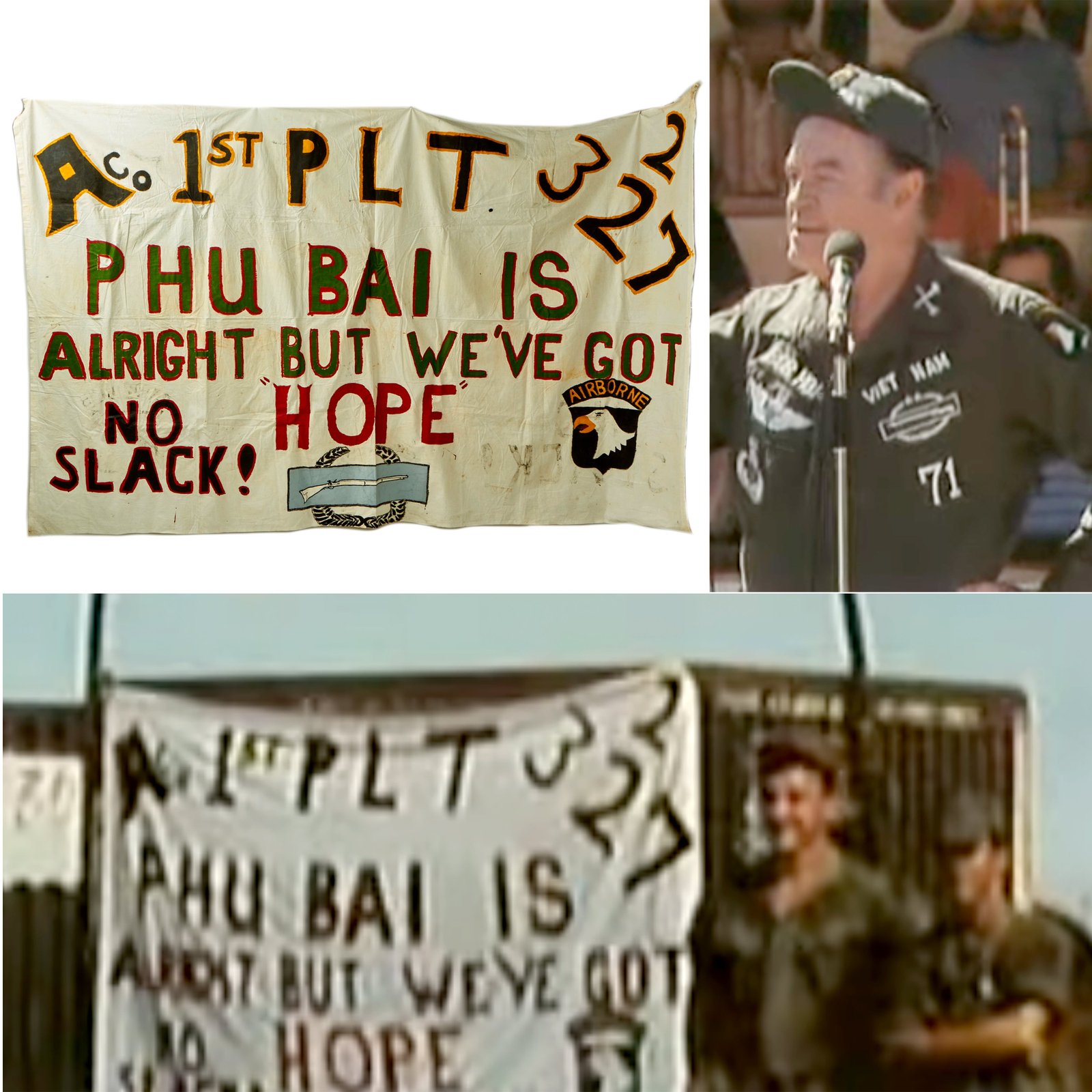 Buy Original Vietnam War 101st Airborne Hand Painted Welcome Banner From Camp Eagle Bob Hope USO Show, 1971 - 100 ½” x 62 ½” | Original Firearms Antique For Sale