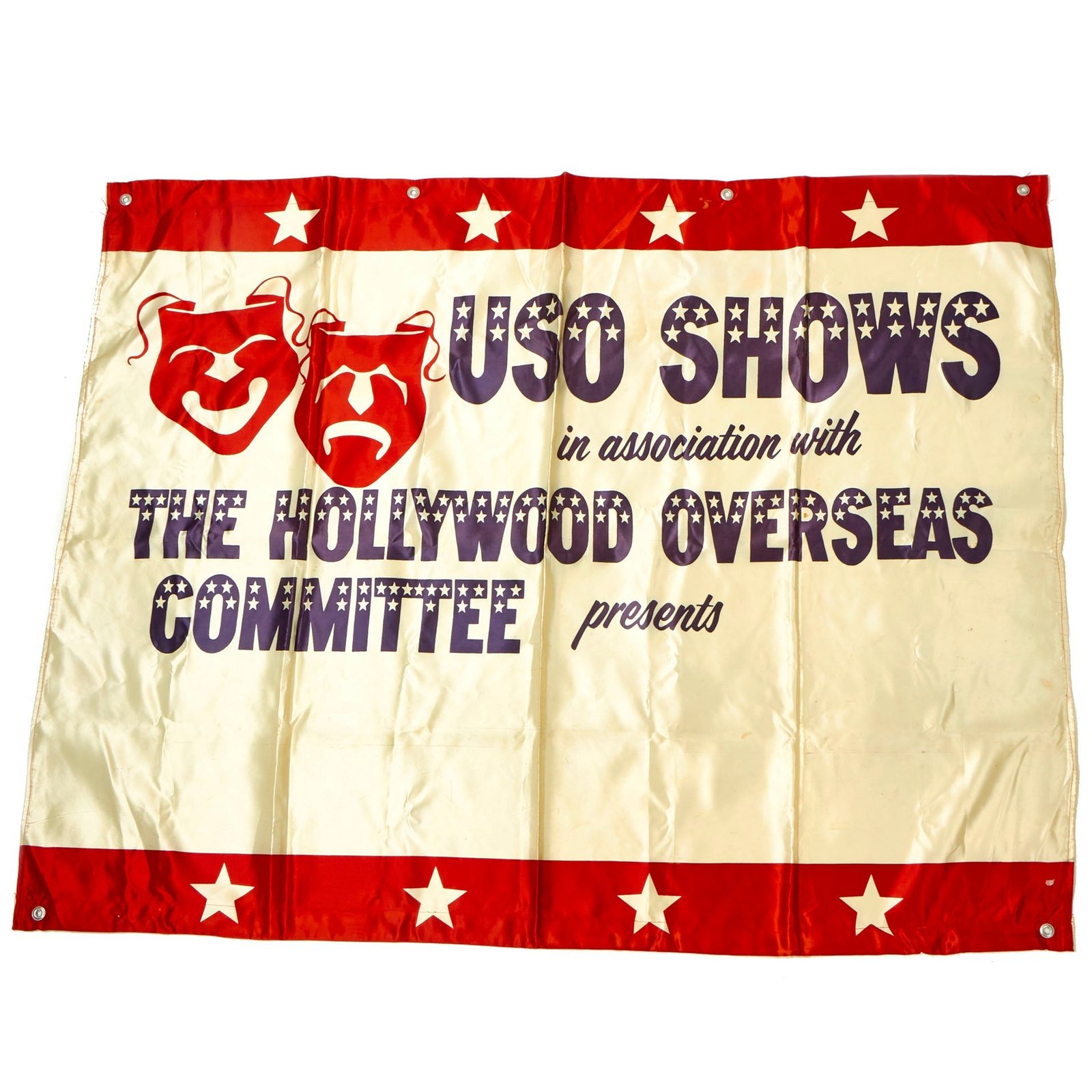 Buy Original Vietnam War “USO Shows in Association with the Hollywood Overseas Committee” Banner - 53” x 41 ½” | Original Firearms Antique For Sale