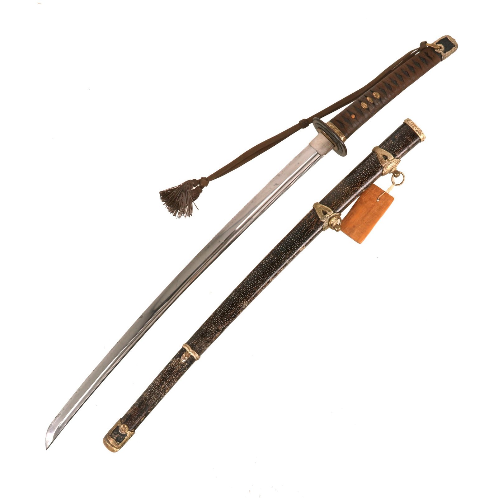Buy Original WWII Japanese Navy Officer High End P1937 Kai-Gunto Handmade Katana by YOSHINAGA with Rare Ray Skin Covered Scabbard, Wooden Capture Tag & Tassel | Original Firearms Antique For Sale