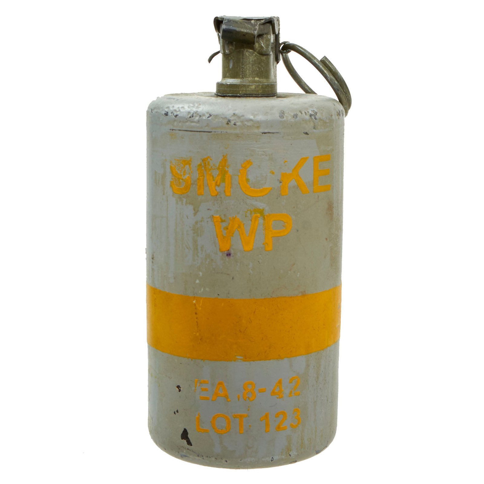 Buy Original U.S. WWII Inert M15 White Phosphorus “Willie Pete” Smoke Grenade With M6A2 Fuse Assembly - Dated 1942 | Original Firearms Antique For Sale