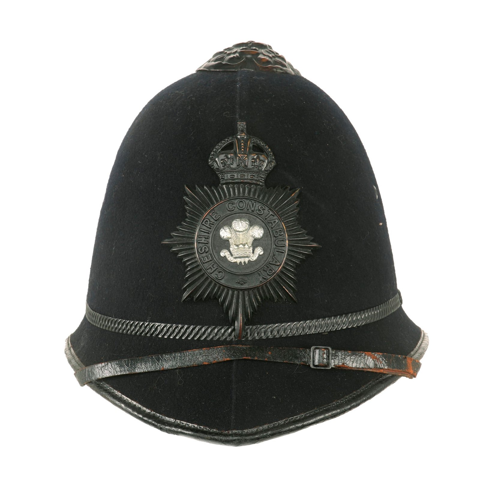 Buy Original British WWII Era King’'s Crown Rose Top Cheshire Constabulary, Macclesfield Motor Patrol “Blackout” Police Bobby Helmet - size 7 ¼ | Original Firearms Antique For Sale