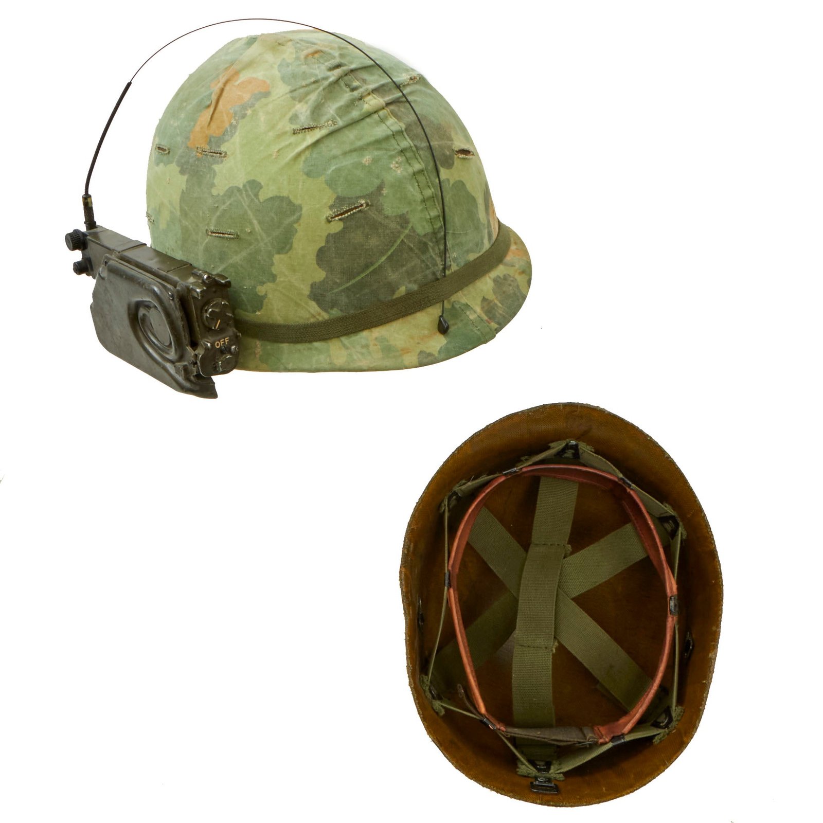 Buy Original U.S. Vietnam War McCord M1 Helmet with Camouflage Helmet Cover, AN/PRR-9 Radio Receiver & Liner | Original Firearms Antique For Sale