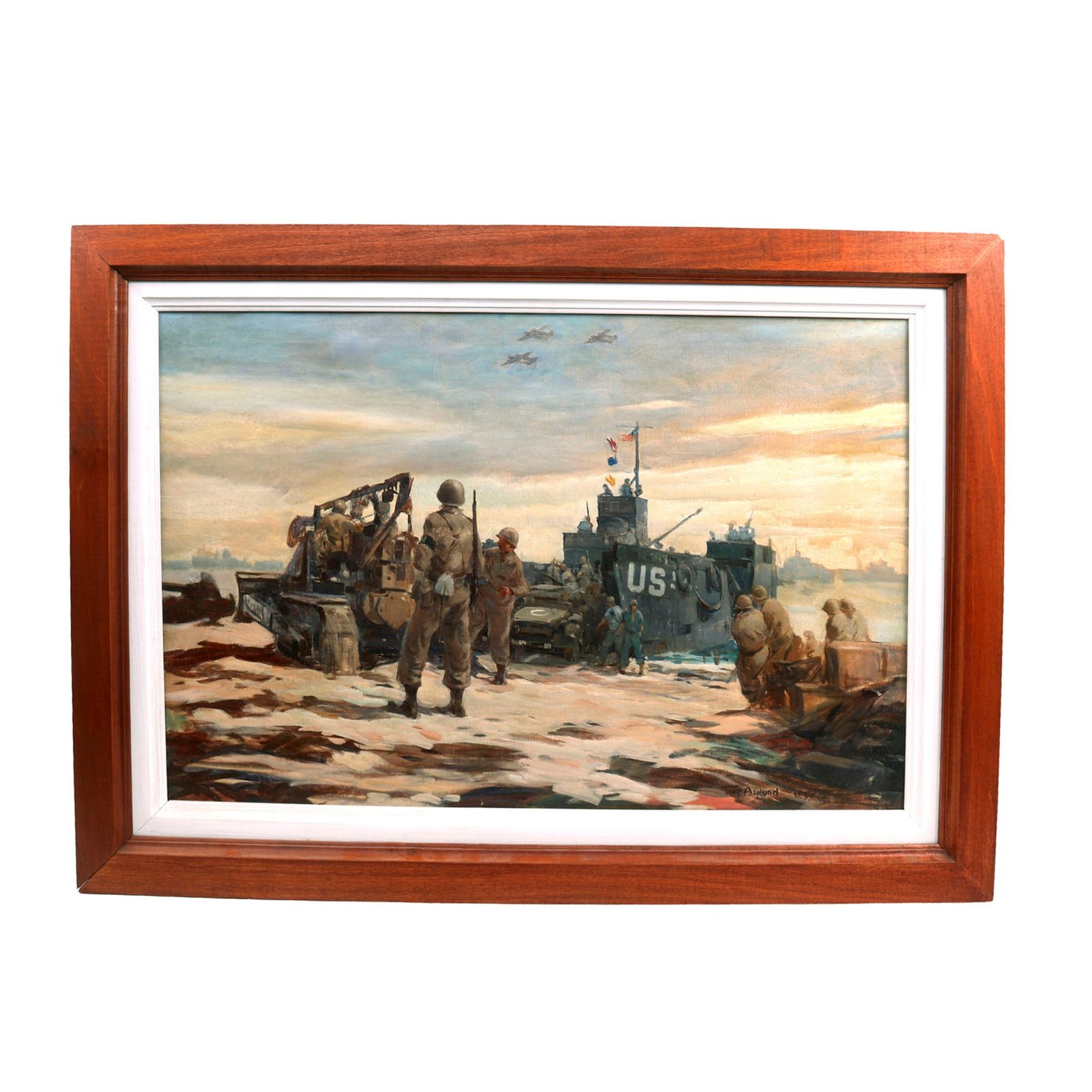 Buy Original U.S. WWII Coast Guard Official Wartime Artist Tore Asplund Normandy Invasion LST Landing Oil Painting | Original Firearms Antique For Sale