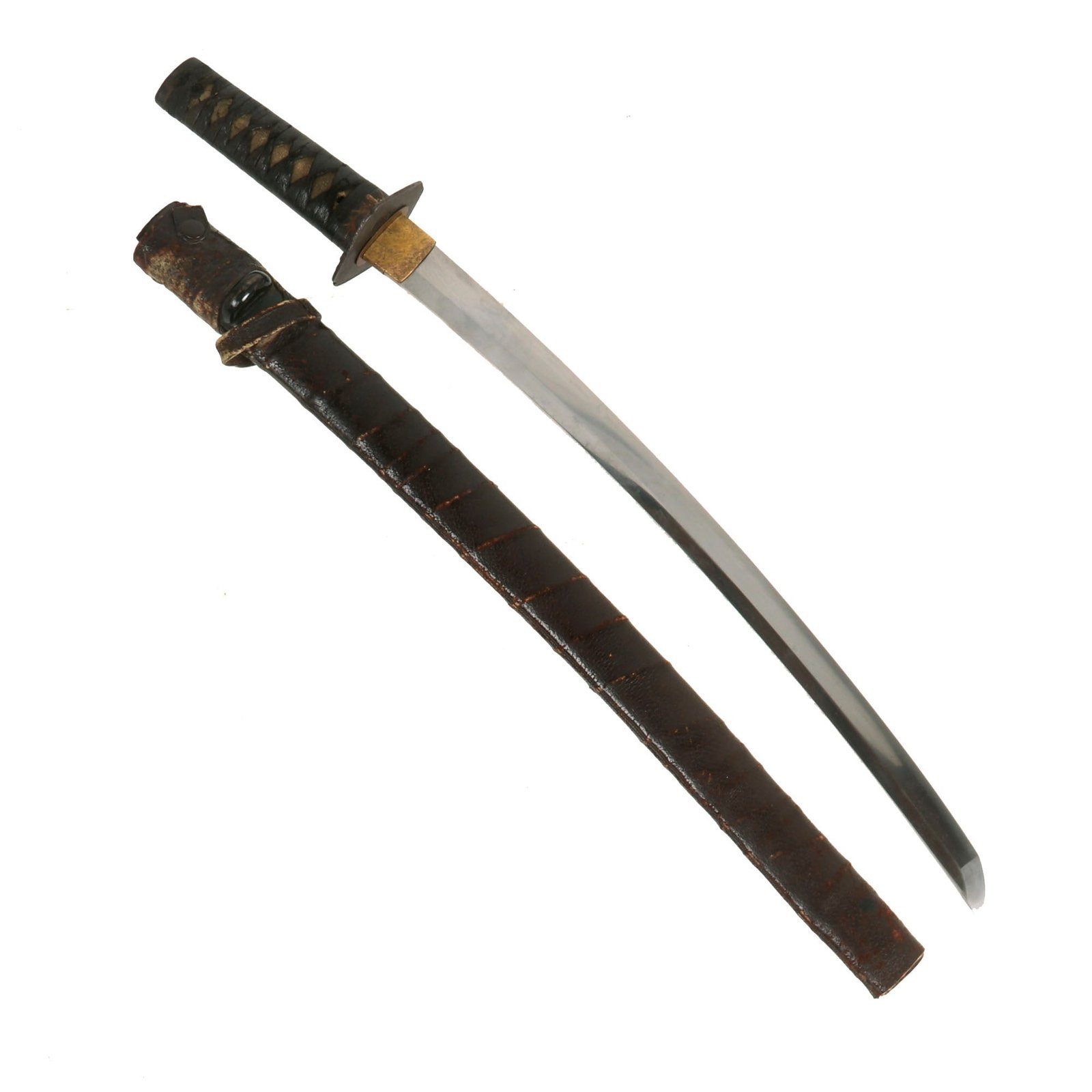 Buy Original 16th Century Japanese Handmade Ō-Wakizashi Short Sword by HIROYOSHI in Edo Period Fittings with Leather Scabbard Cover | Original Firearms Antique For Sale