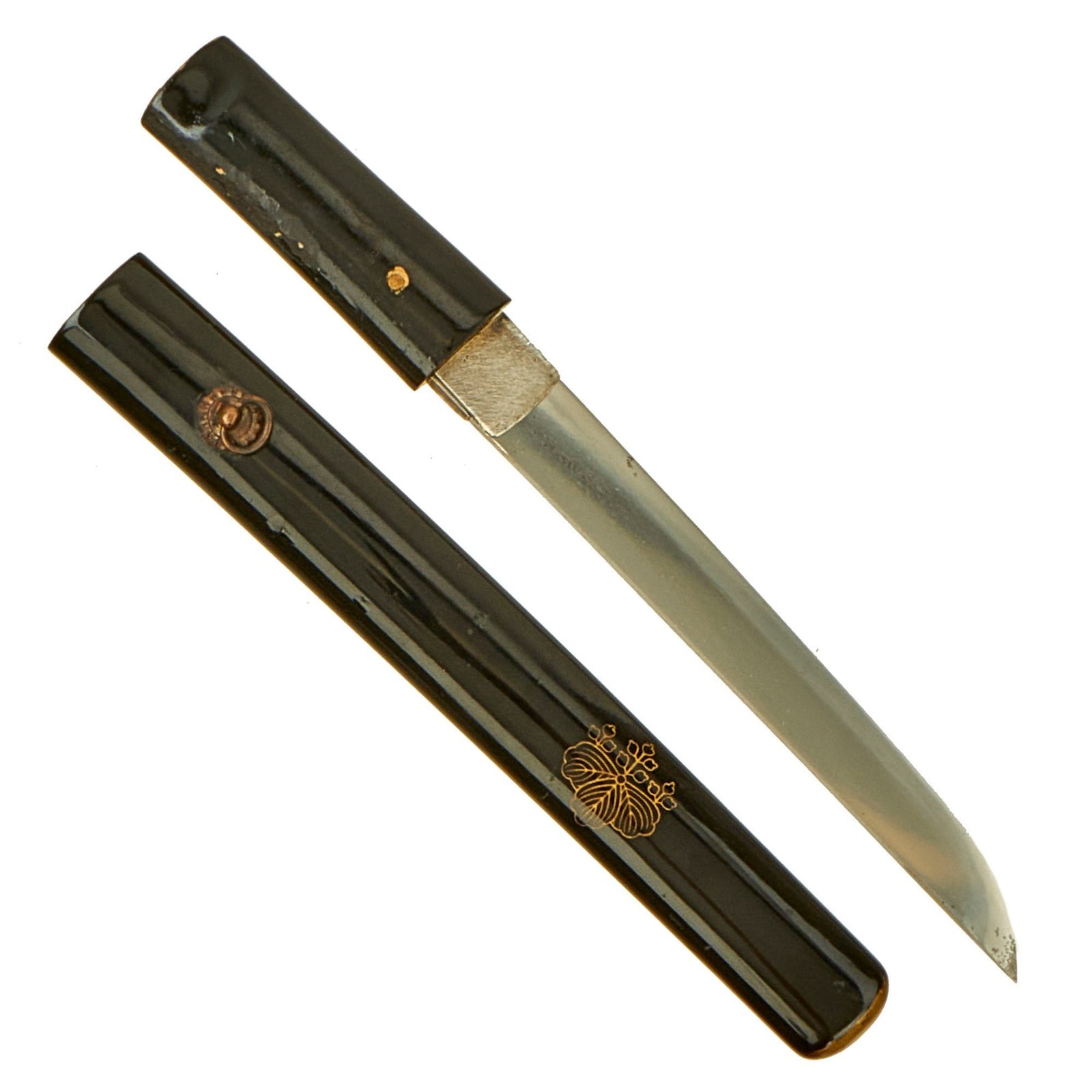 Buy Original Japanese Edo Period Handmade Tanto Short Sword by HIDECHIKA with Black Lacquered Fittings | Original Firearms Antique For Sale