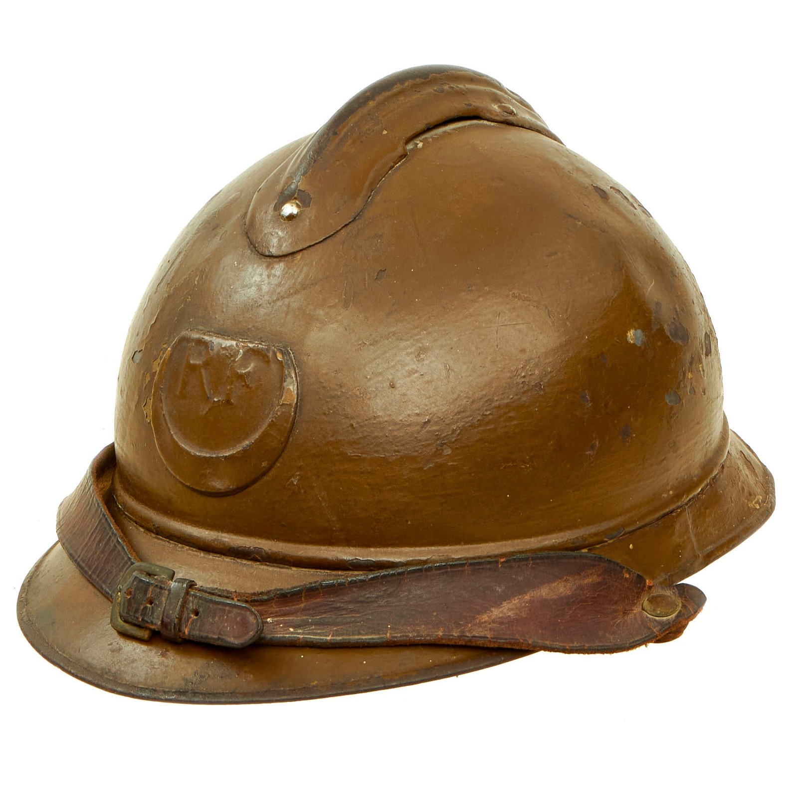 Buy Original Rare French WWI Model 1915 Adrian Officer's Helmet with Zouave & Tirailleurs RF Badge - Complete with Liner and Chinstrap | Original Firearms Antique For Sale