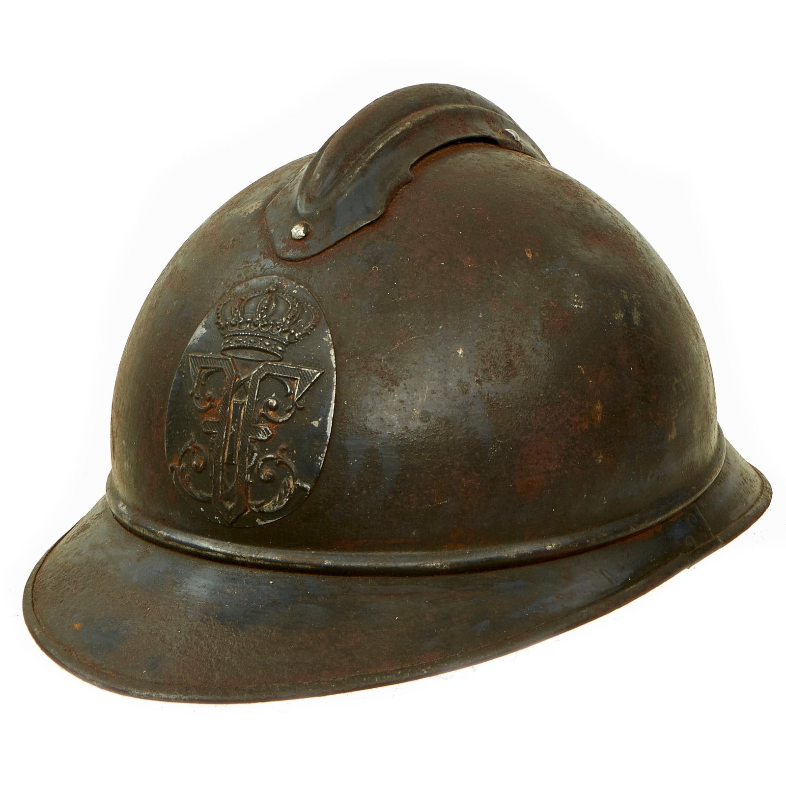 Buy Original Romanian Issue French WWI Model 1915 Adrian Helmet in Horizon Blue with King Ferdinand Badge | Original Firearms Antique For Sale