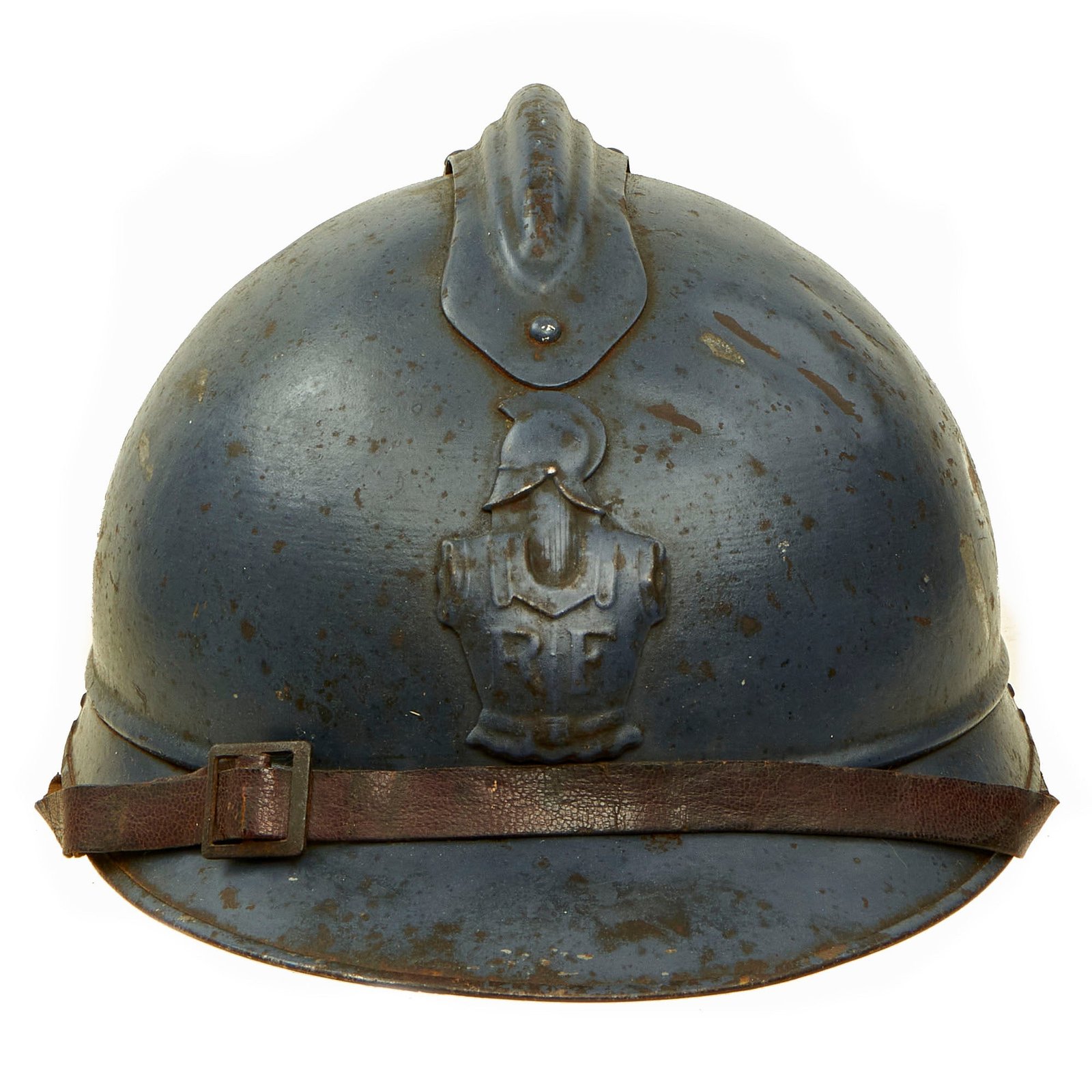 Buy Original French WWI Model 1915 Adrian Helmet in Horizon Blue with RF Engineer Badge - Complete | Original Firearms Antique For Sale
