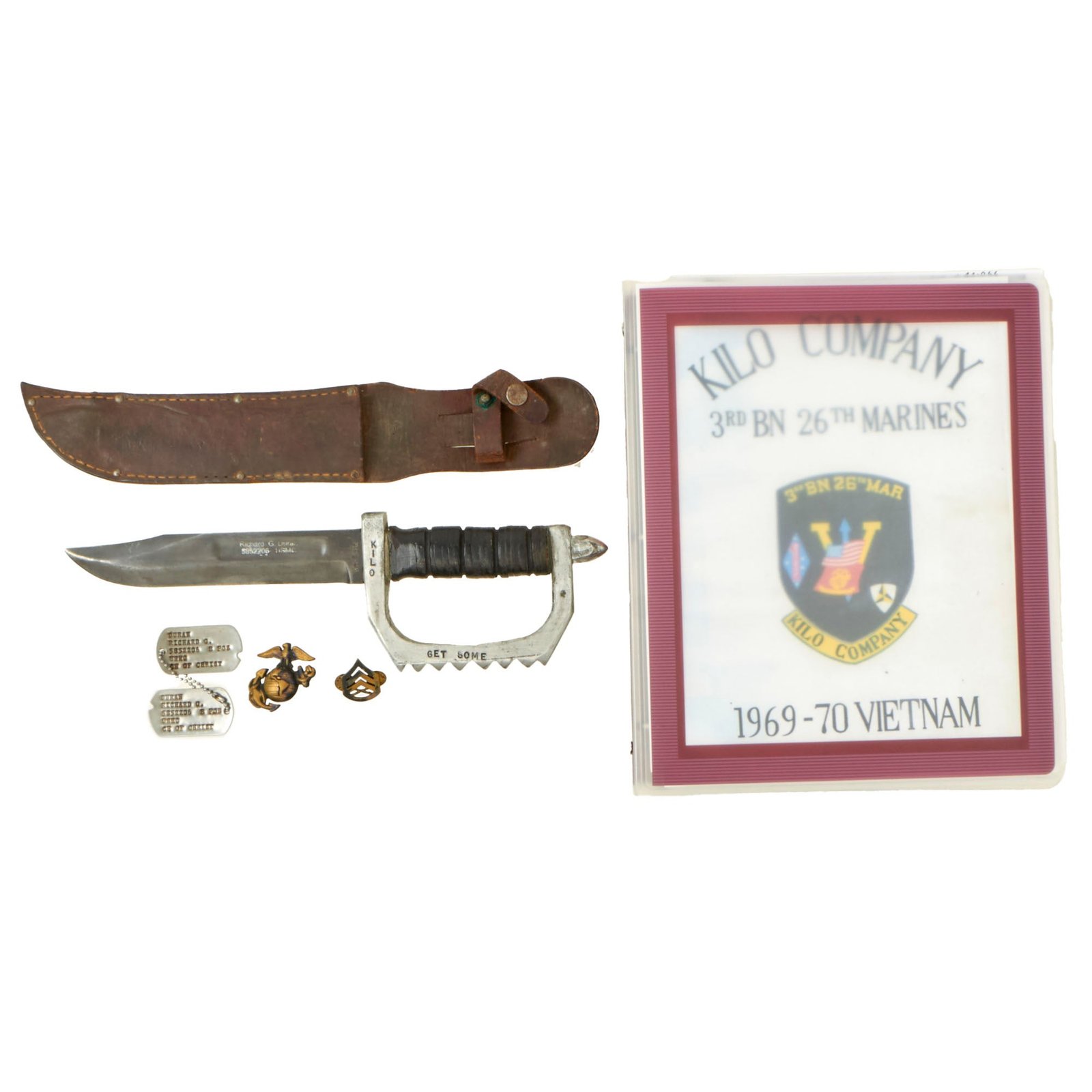 Buy Original U.S. Vietnam War USMC Fighting Knuckle Knife & Binder Grouping - Sgt. Richard G. Duran - 26th Marines | Original Firearms Antique For Sale