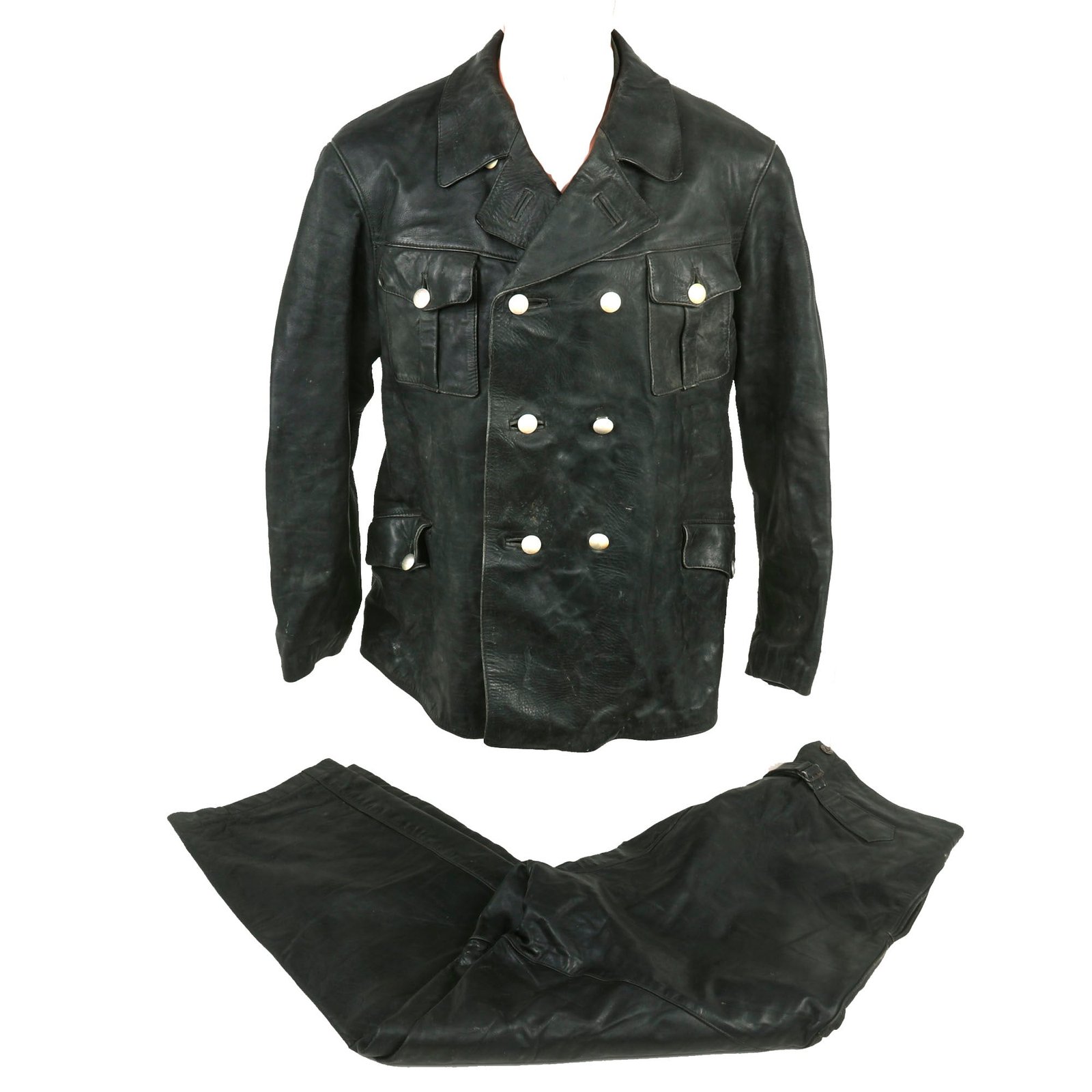 Buy Original German Kriegsmarine Private Purchase U-Boat Double Breasted Leather Jacket with Pebbled Buttons and Trouser Set | Original Firearms Antique For Sale