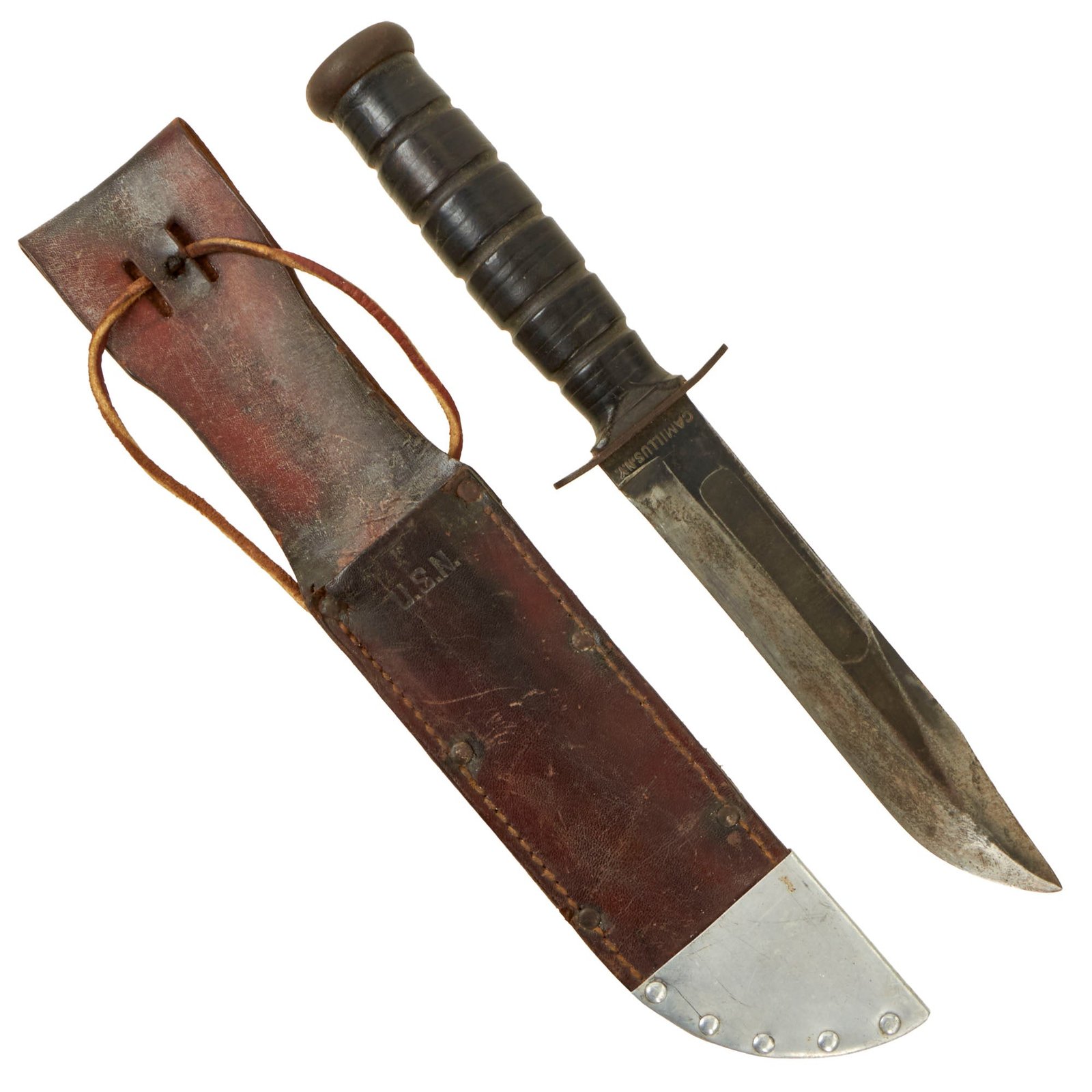Buy Original U.S. WWII Navy Mk. II KA-BAR Fighting Knife by Camillus with Scabbard Reinforced by Aluminum from Damaged Aircraft with Provenance | Original Firearms Antique For Sale