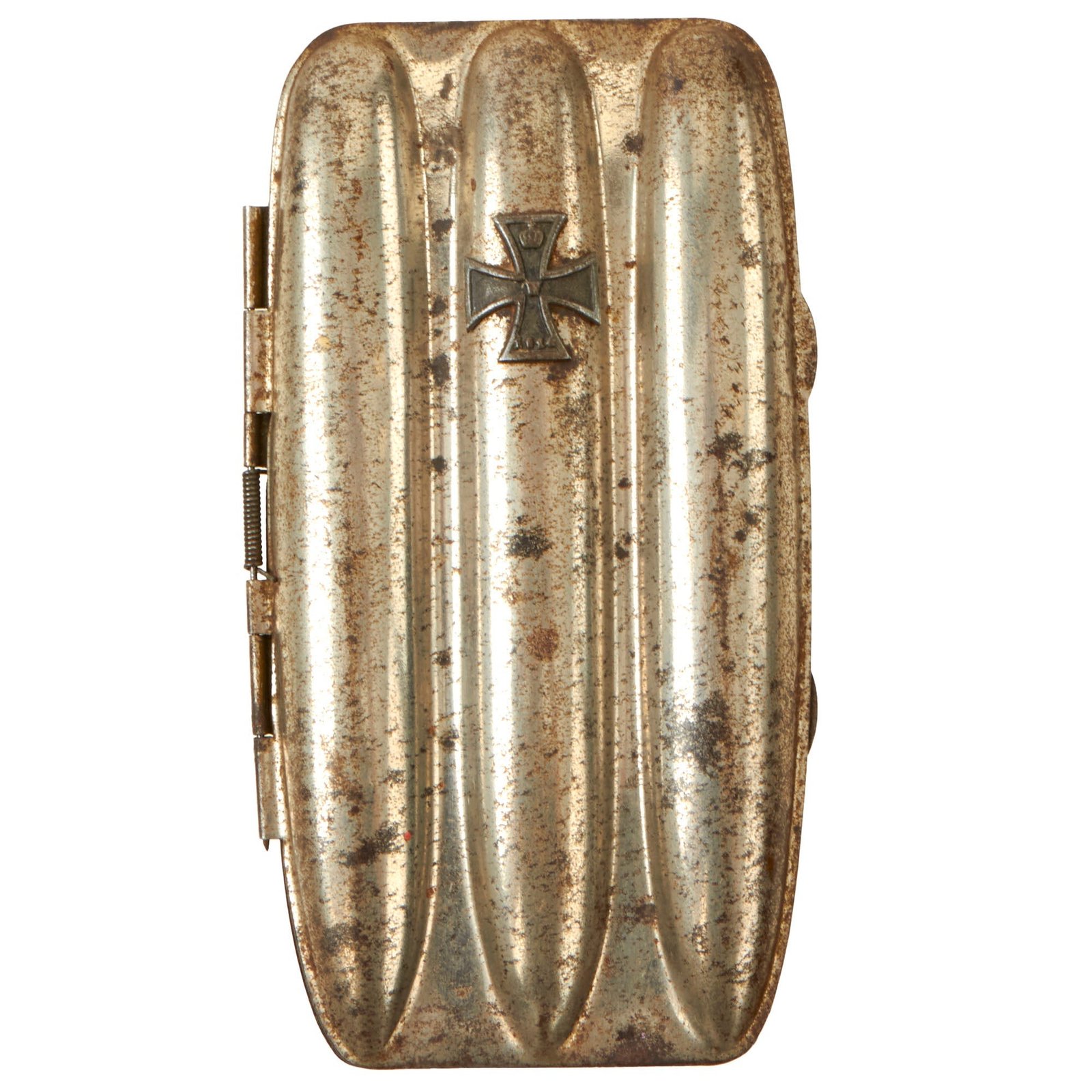 Buy Original Imperial German WWI U.S. Captured Steel Cigar Case with Mini Iron Cross 1914 Device on Lid | Original Firearms Antique For Sale