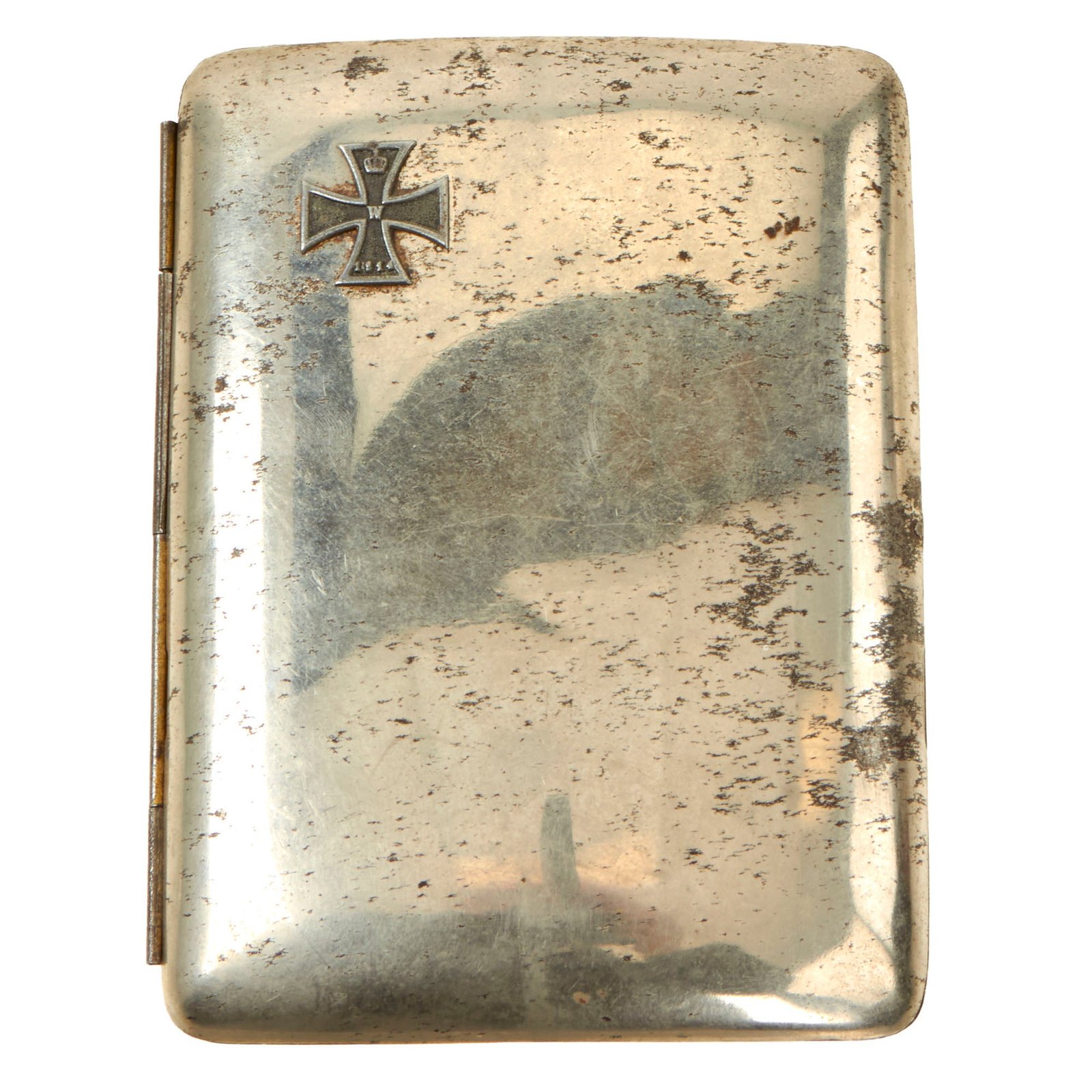 Buy Original Imperial German WWI Steel Cigarette Case with Mini Iron Cross 1914 Device on Lid | Original Firearms Antique For Sale