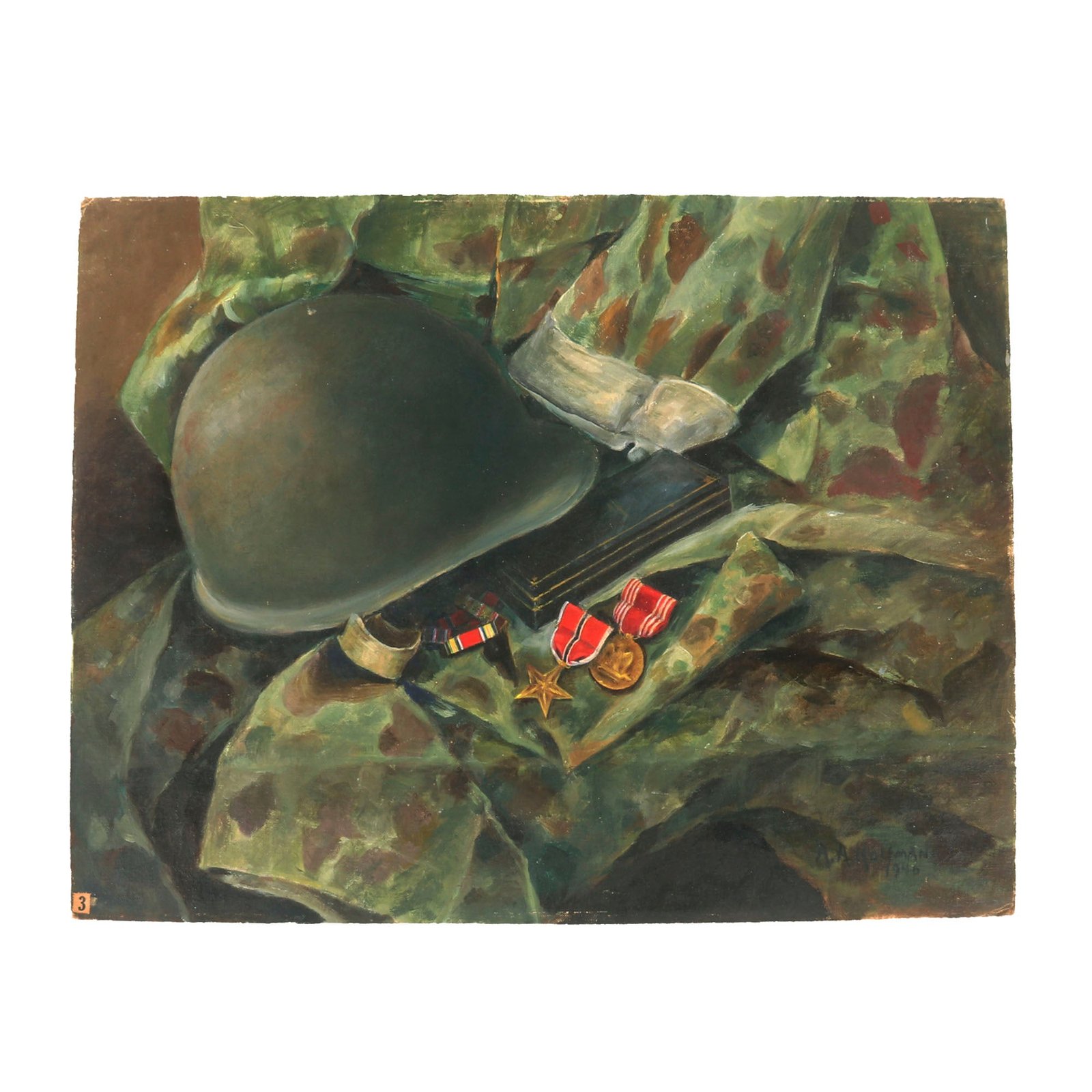 Buy Original U.S. WWII Painting of M1 Helmet with Bronze Star & Other Medals - Signed A. A. Hoffman 1946 - 18 x 24” | Original Firearms Antique For Sale