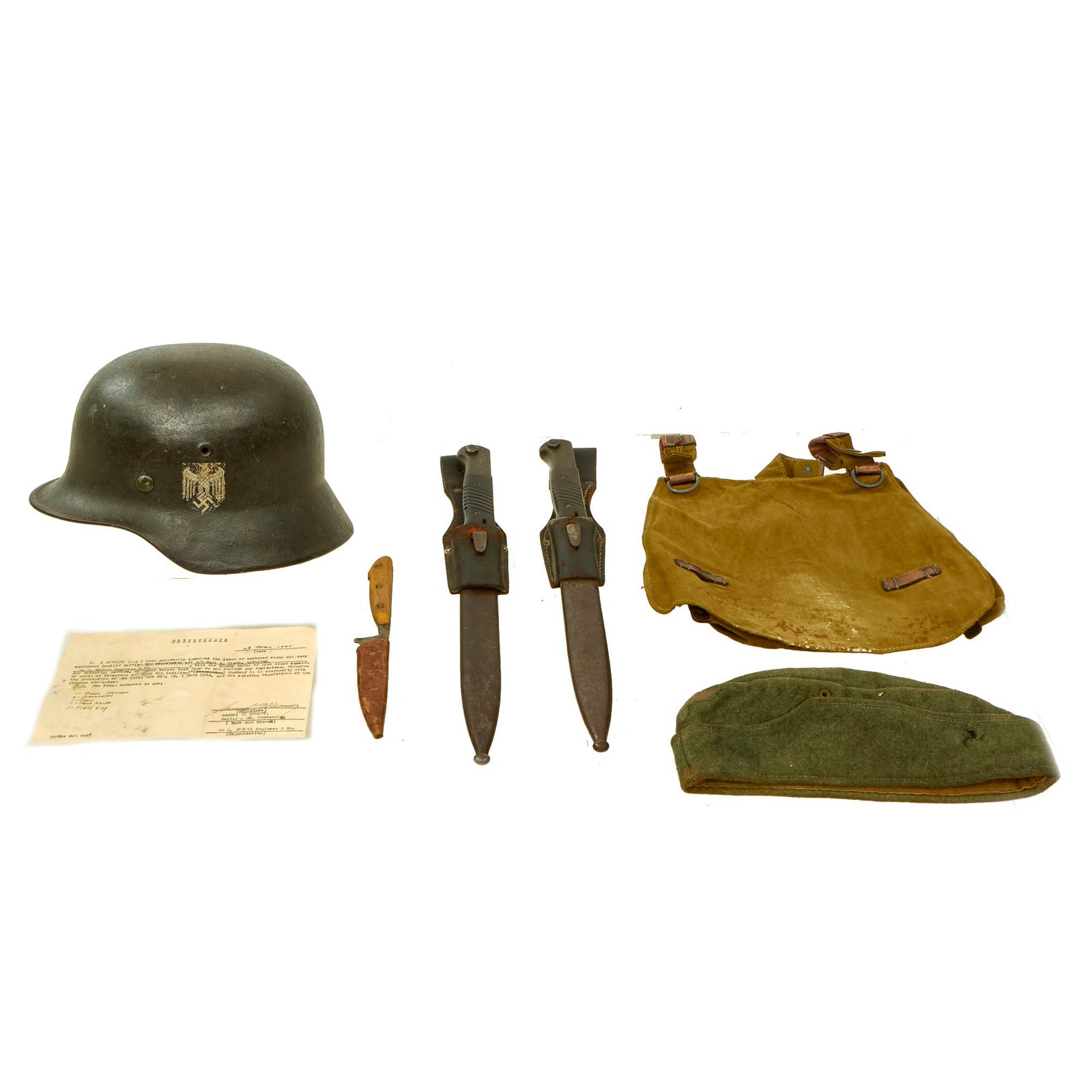 Buy Original German WWII USGI Named Bring Back Grouping with Certificate - Single Decal Heer M40 Helmet, Overseas Cap, 2x 98K bayonets & More | Original Firearms Antique For Sale