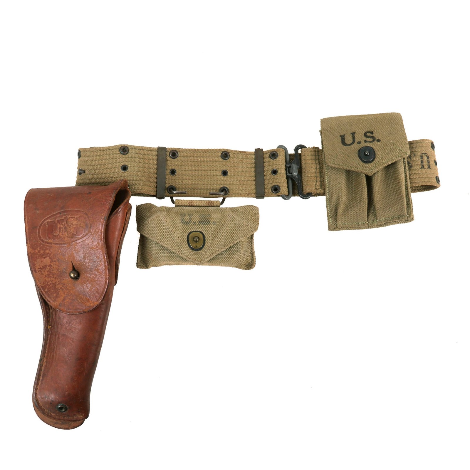 Buy Original U.S. WWII Officer M1936 Pistol Belt, M1911 Holster by Boyt - 1942 Dated First Aid Pouch with Carlisle Bandage | Original Firearms Antique For Sale