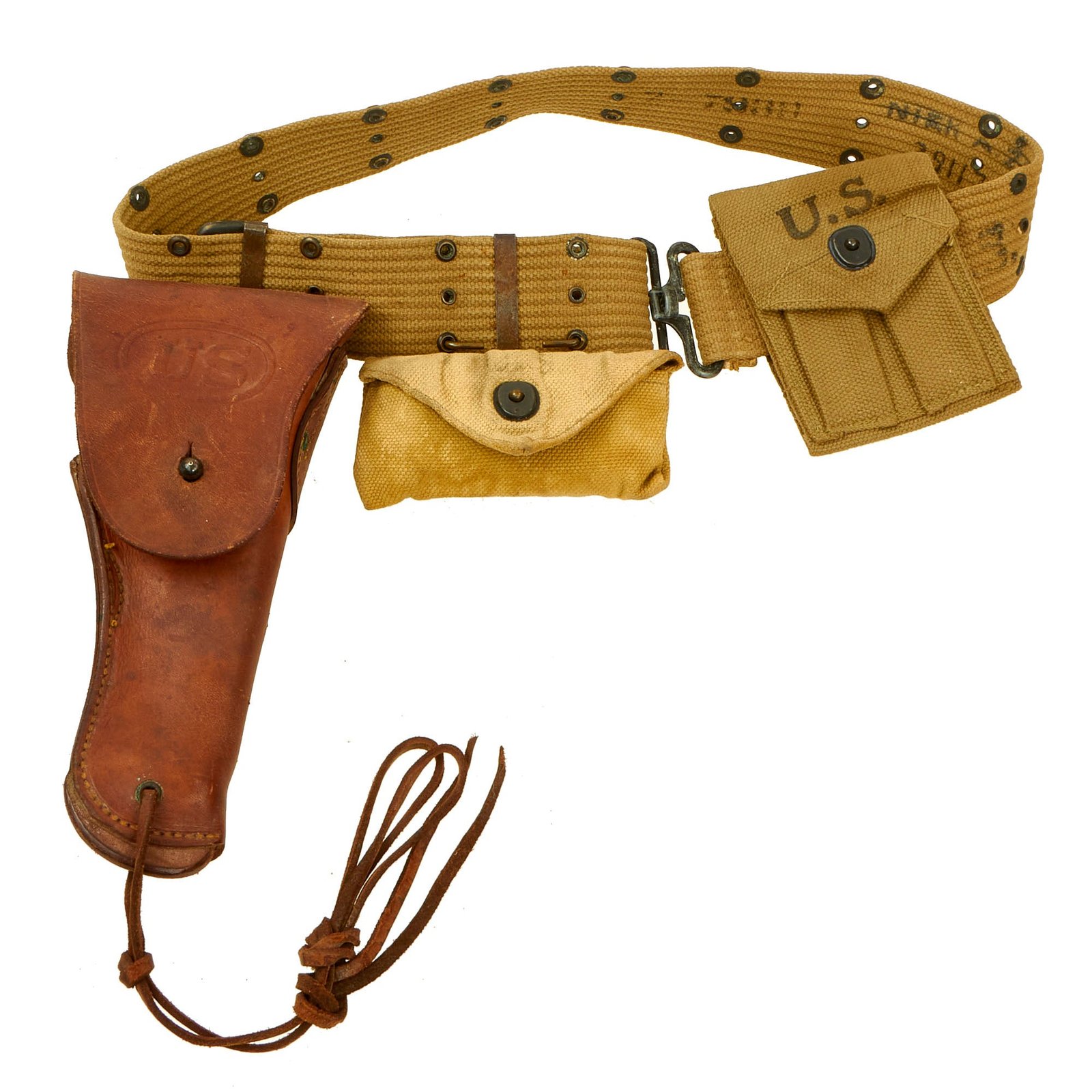 Buy Original U.S. WWII Named M1936 Pistol Belt, M1911 Holster, Magazine Pouch & First Aid Pouch WITH Box & Bandage - Nicholas Zar, Army Air Corps, 435th Troop Carrier Group | Original Firearms Antique For Sale