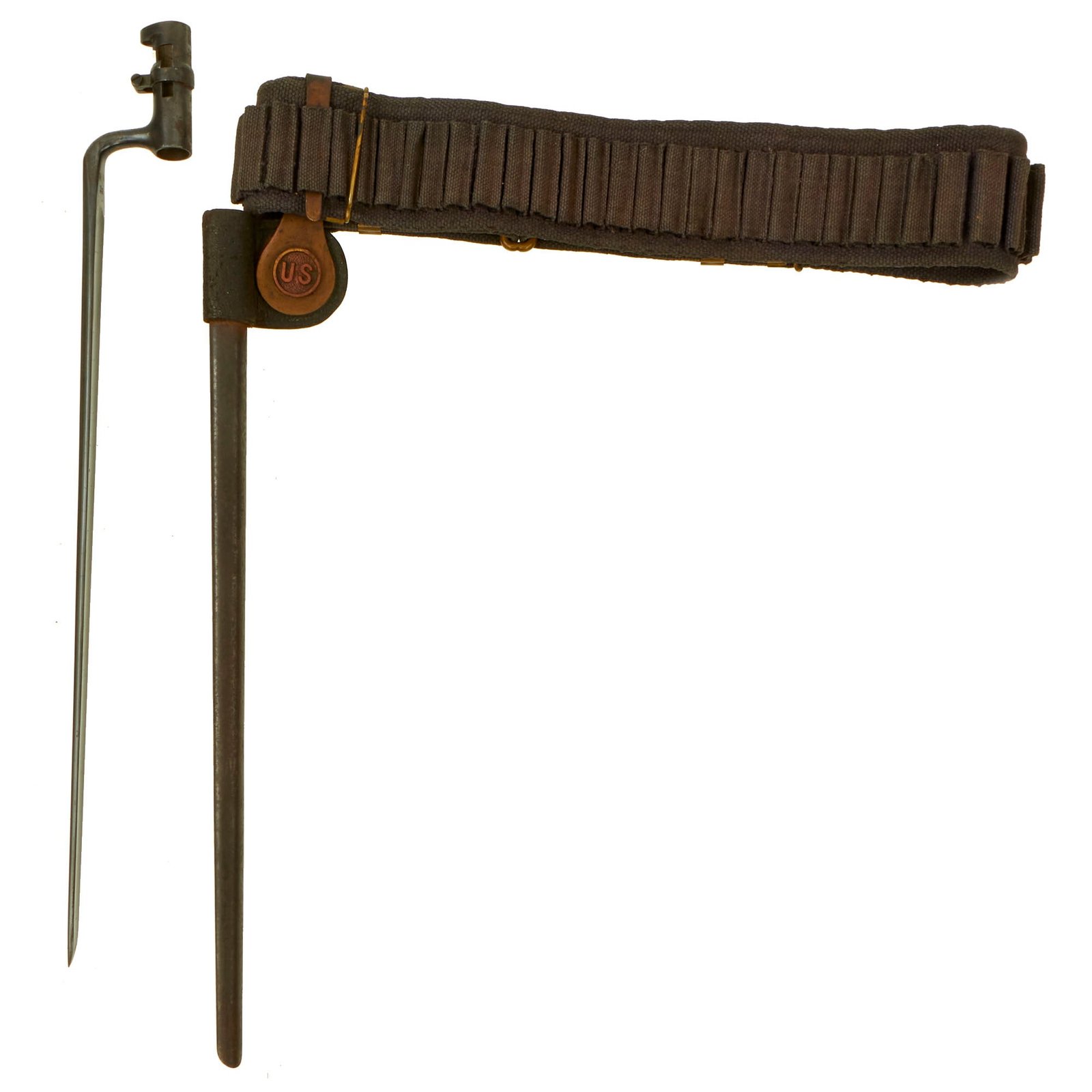 Buy Original U.S. Spanish American War 45 Round .45-70 Rifle Ammunition Belt With Trapdoor M1873 Rifle Socket Bayonet With U.S. Scabbard | Original Firearms Antique For Sale