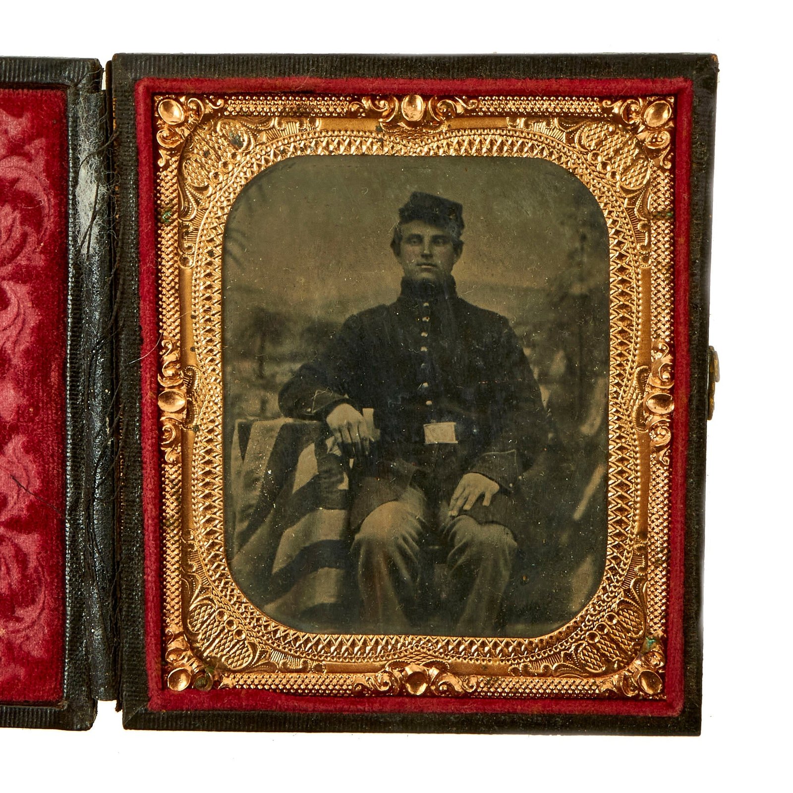 Buy Original U.S. Civil War Patriotic Sixth Plate Tintype of Union Soldier in Complete Frame With American Flags | Original Firearms Antique For Sale