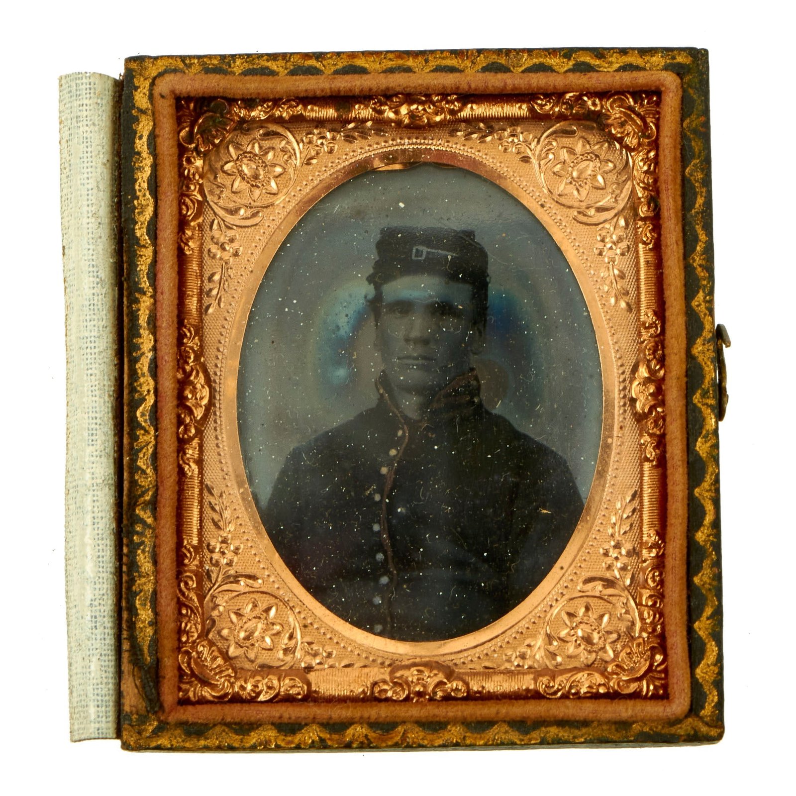 Buy Original U.S. Civil War Sixth Plate Tintype of Union Artillery Soldier in Frock Coat With Hand Colored Red Piping | Original Firearms Antique For Sale