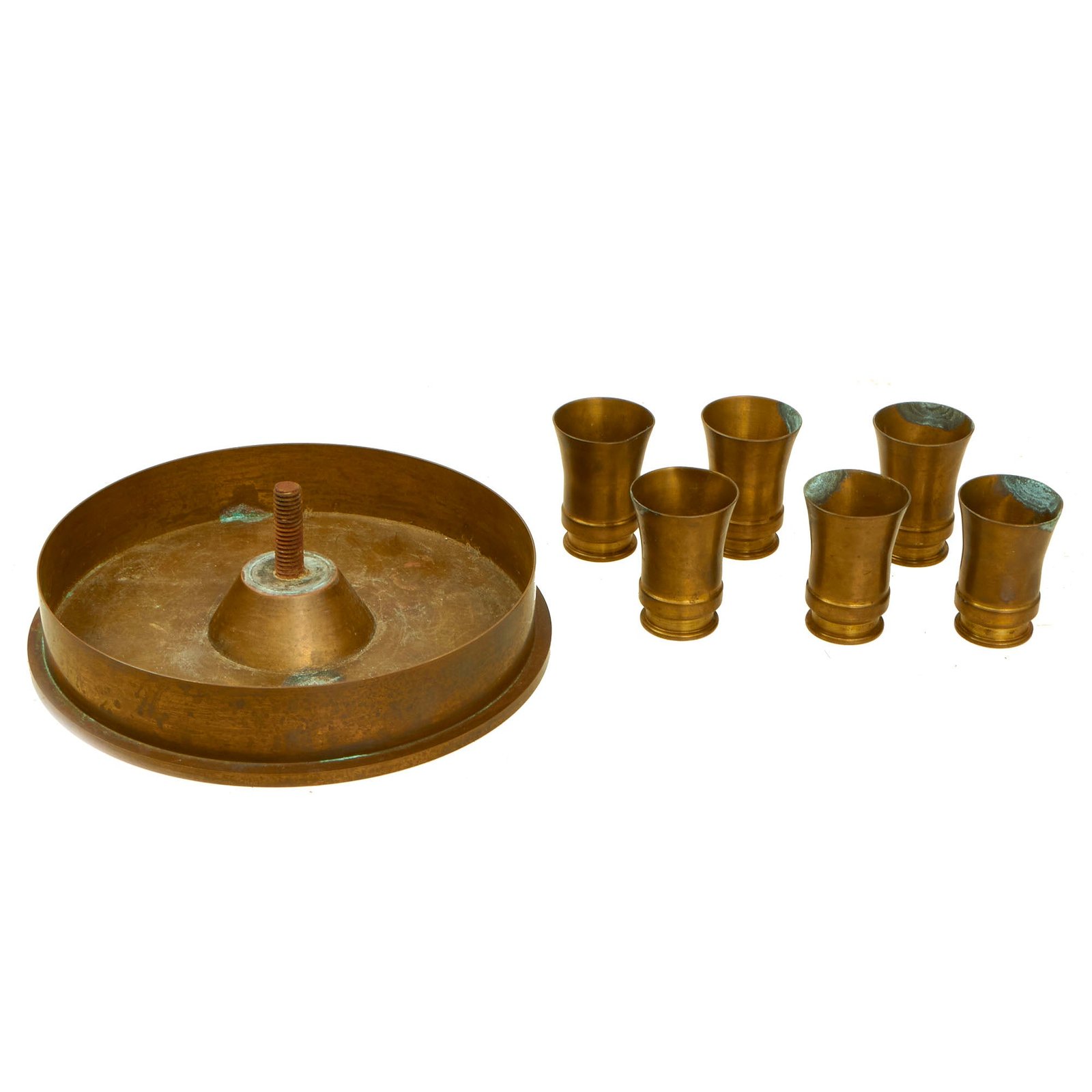 Buy Original U.S. WWII Cognac or Brandy Snifter Trench Art Set With Platter Constructed From German Brass Shell Casings - 6 Snifter “Shotglasses” | Original Firearms Antique For Sale