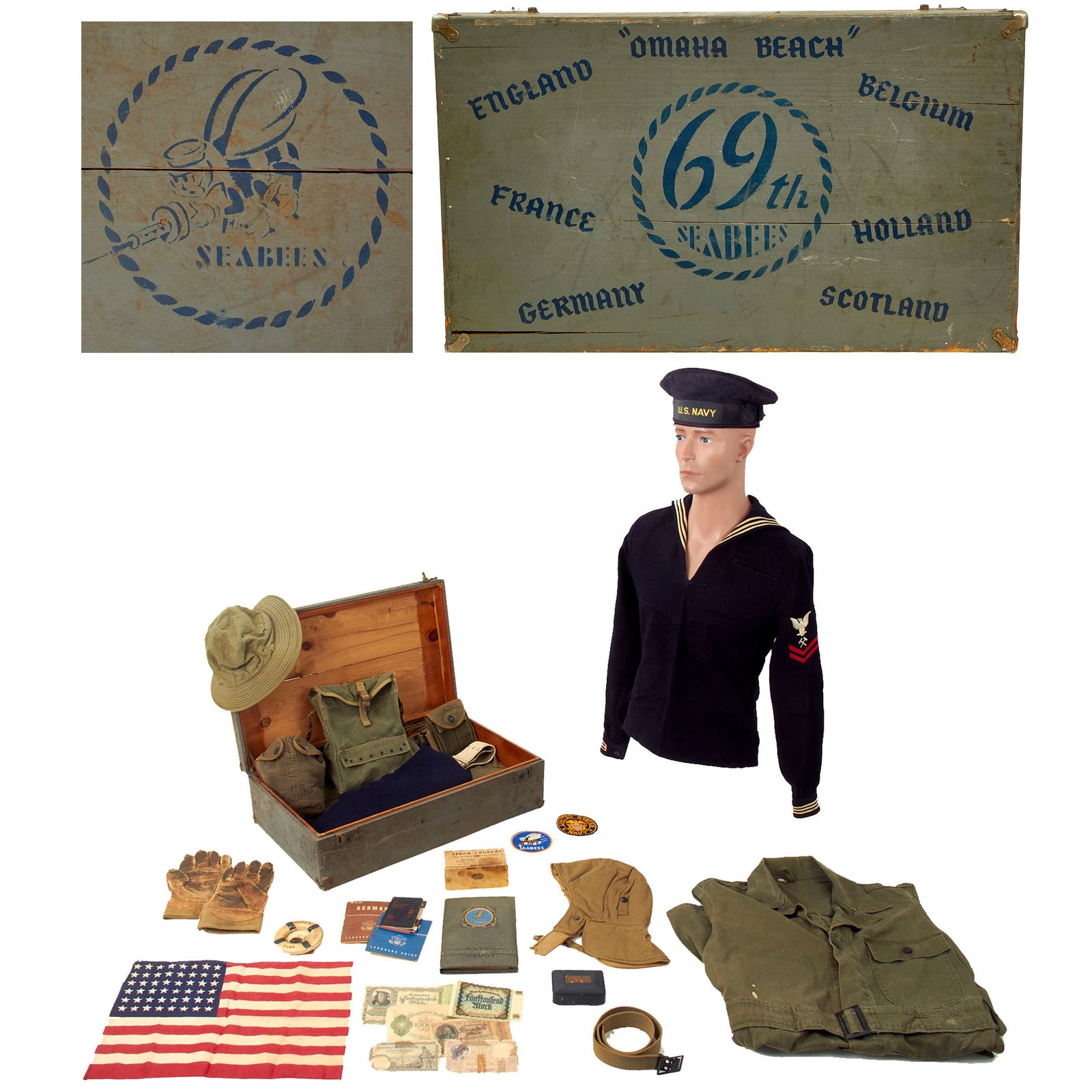 Buy Original U.S. WWII OMAHA BEACH 69th Naval Construction Battalion Seabee Grouping With Painted Trunk and NSDAP Bringbacks - This Was The Only CB Unit To Set Foot On German Soil | Original Firearms Antique For Sale