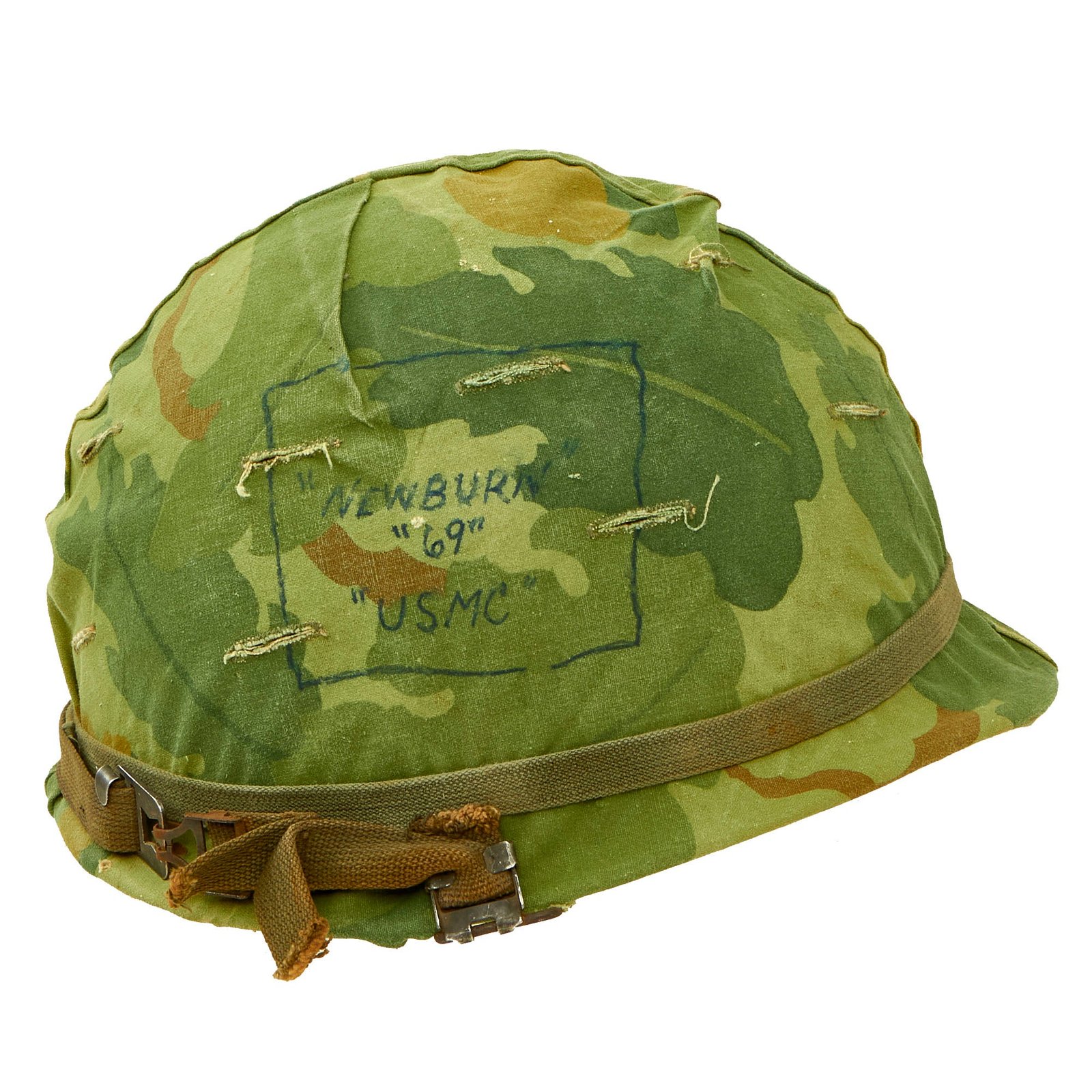 Buy Original U.S. Korean War Era - Early Vietnam War McCord M1 Helmet With Mitchell Pattern Camouflage Helmet Cover With Period Graffiti, Helmet Band, and Korean War Westinghouse / CAPAC Liner - Named | Original Firearms Antique For Sale