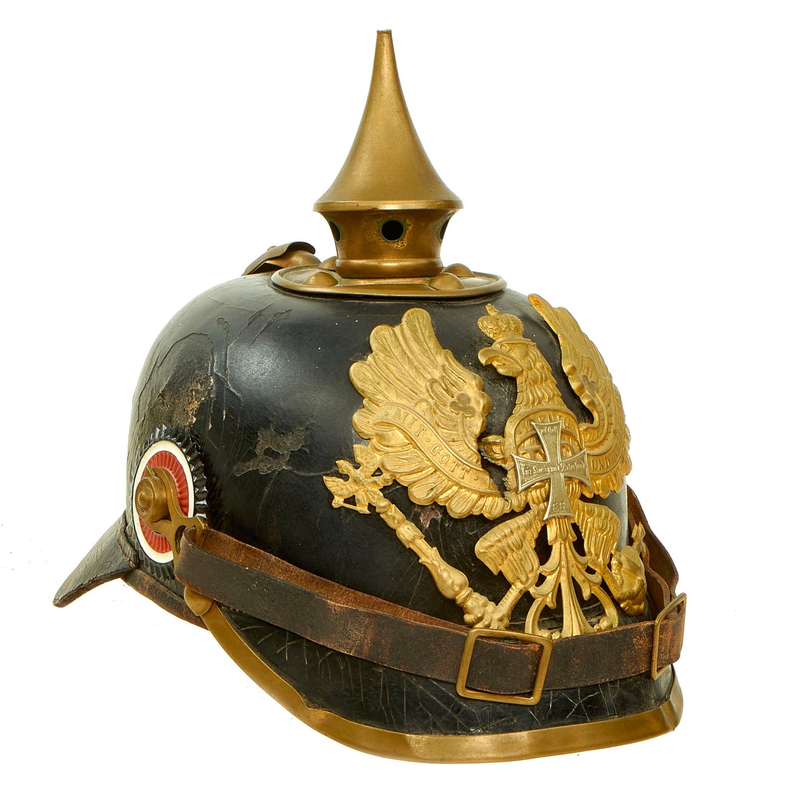 Buy Original WWI Imperial German Prussian Complete M1895 Landwehr Reserve Infantry EM NCO Pickelhaube Spiked Helmet - Dated 1904 and Regiment Marked for Fusilier Regiment Queen Victoria of Sweden, 1st Pomeranian Infantry Nr. 34 | Original Firearms Antique For Sale