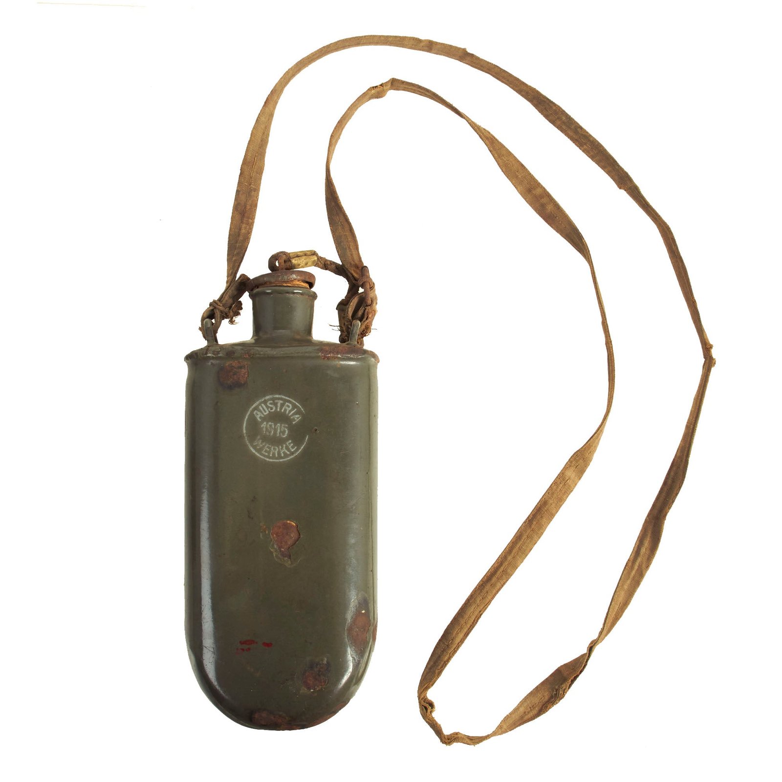 Buy Original Austro-Hungarian 1915 Dated Enameled Canteen With Carry Strap and Stopper by Austria Werke | Original Firearms Antique For Sale