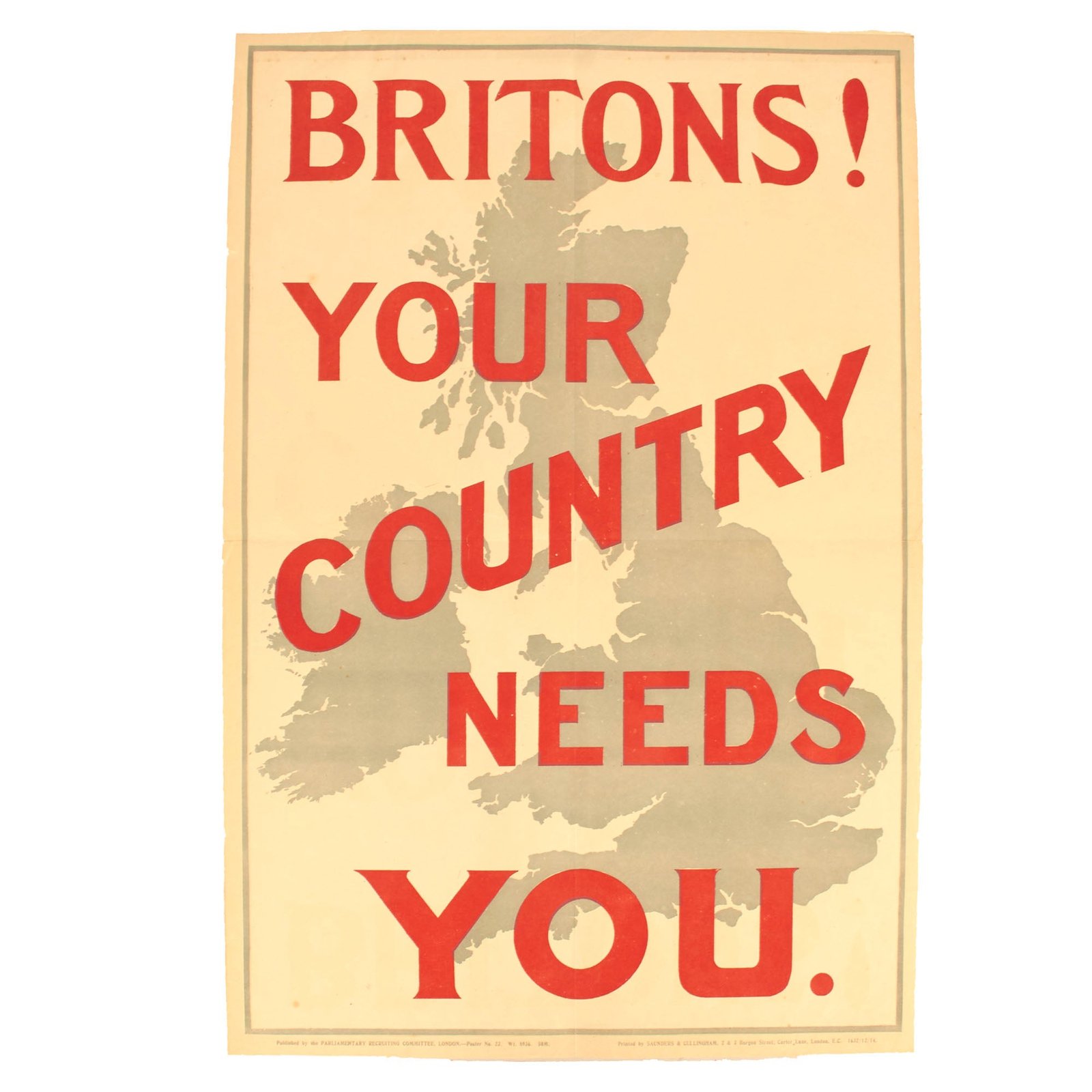 Buy Original British WWI Parliamentary Recruiting Committee Poster “Britons! Your Country Needs You” - 30 ¼” x 20” | Original Firearms Antique For Sale