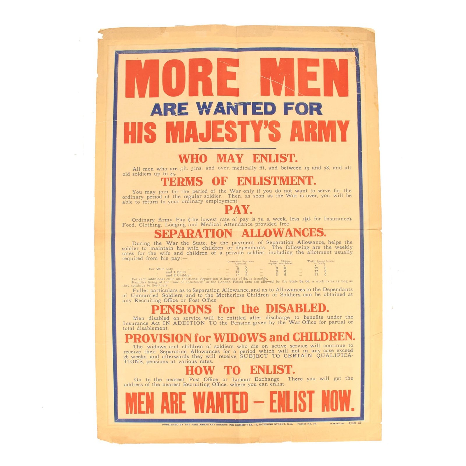 Buy Original British WWI Parliamentary Recruiting Committee Poster “More Men Are Wanted For His Majesty’s Army” - 32” x 21 ½” | Original Firearms Antique For Sale