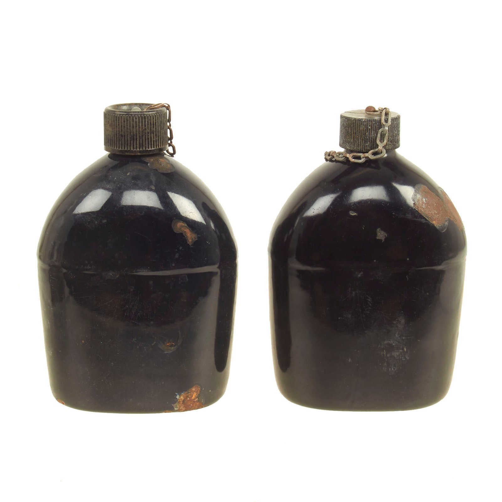 Buy Original U.S. WWII Set of Two Rare M1942 Black Porcelain Enamel Canteens - Both Dated 1942 | Original Firearms Antique For Sale