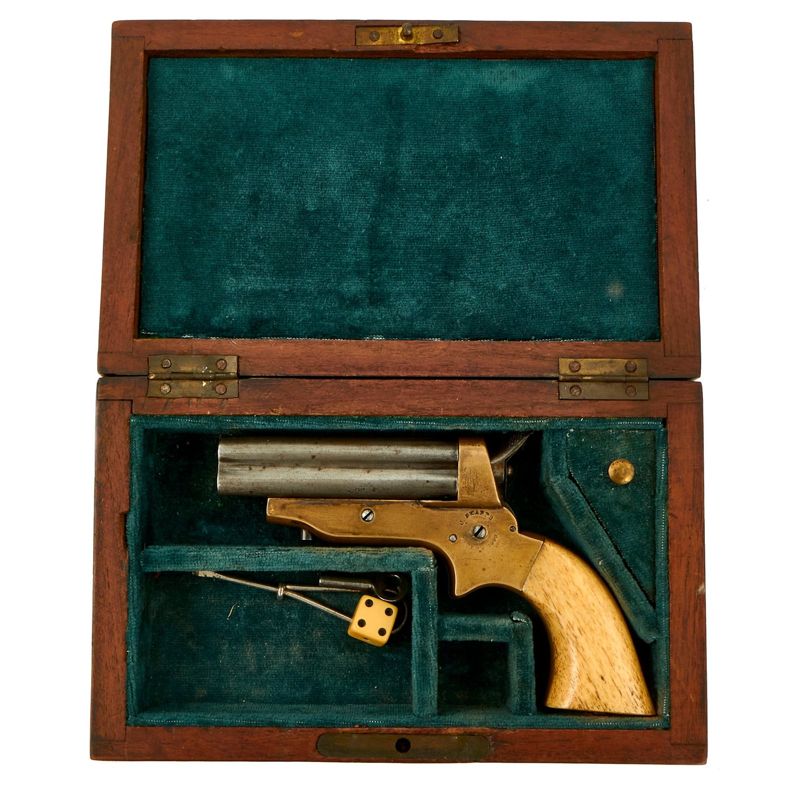 Buy Original U.S. Sharps Model 2A .30 Rimfire 4 Barrel Brass Frame Pepperbox Pistol with Bone Grips in Custom Wood Case - Serial 15584 | Original Firearms Antique For Sale