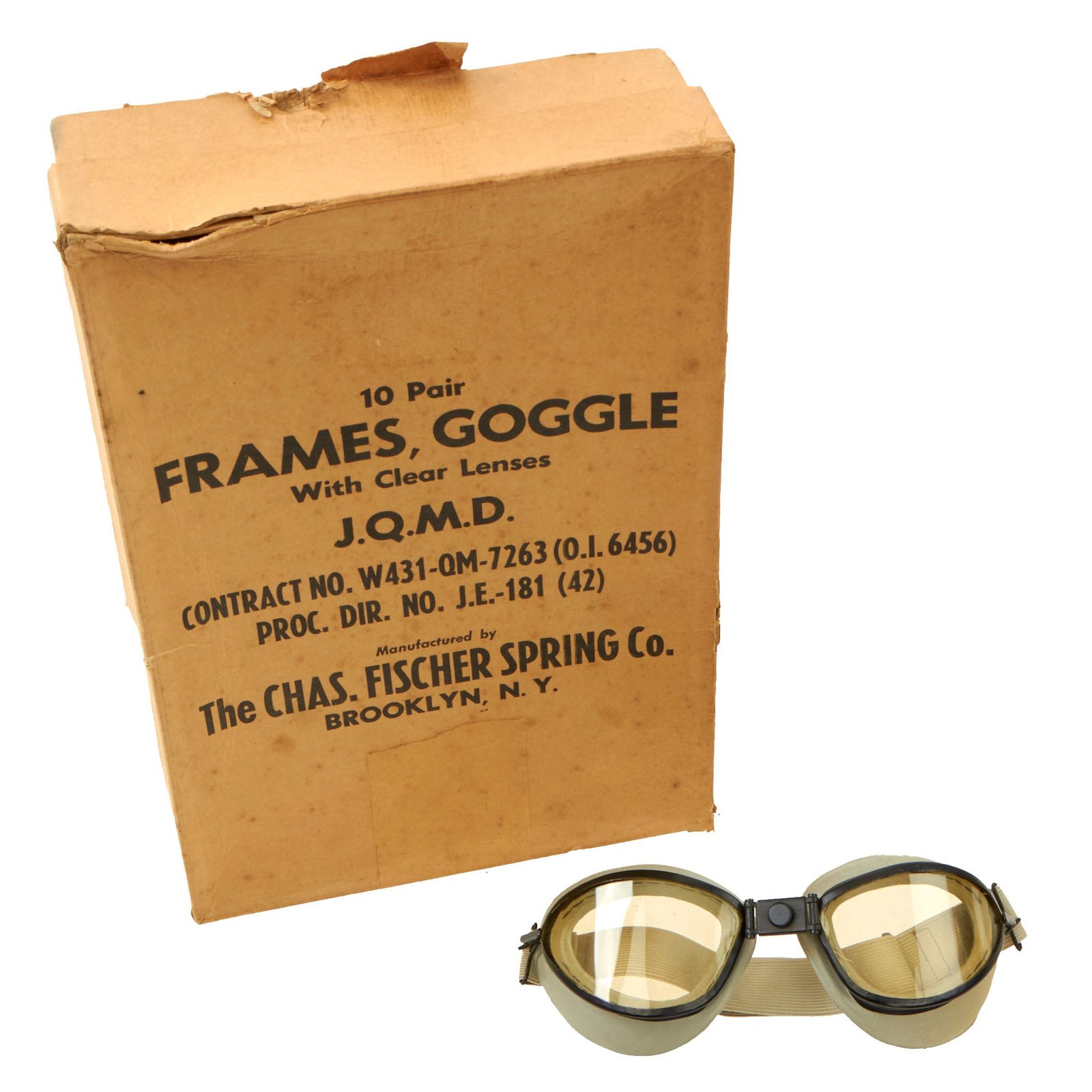 Buy Original U.S. WWII Early War 1942 Dated Tanker “Frames, Goggle With Clear Lenses” by The Chas Fischer Spring Co. - New Old Stock From Original Master Box | Original Firearms Antique For Sale
