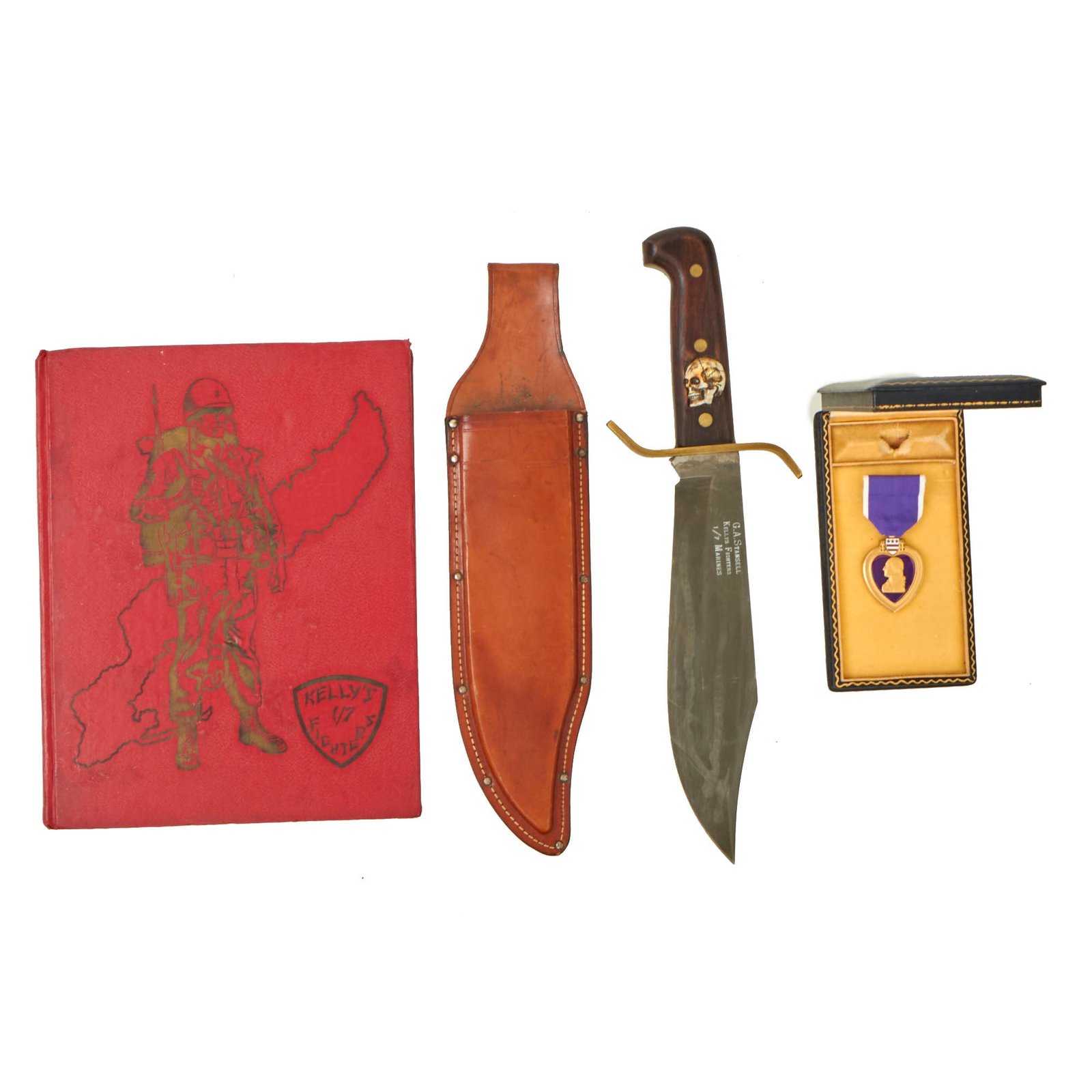 Buy Original U.S. Vietnam Era Western USA W49 Bowie Knife With Custom Carved Skull inlaid Handle With Sheath and Unit History Book - Named to US Marine Sergeant Gerrald Stansell, 1st Battalion 7th Marines, KIA Quang Tin Province | Original Firearms Antique For Sale