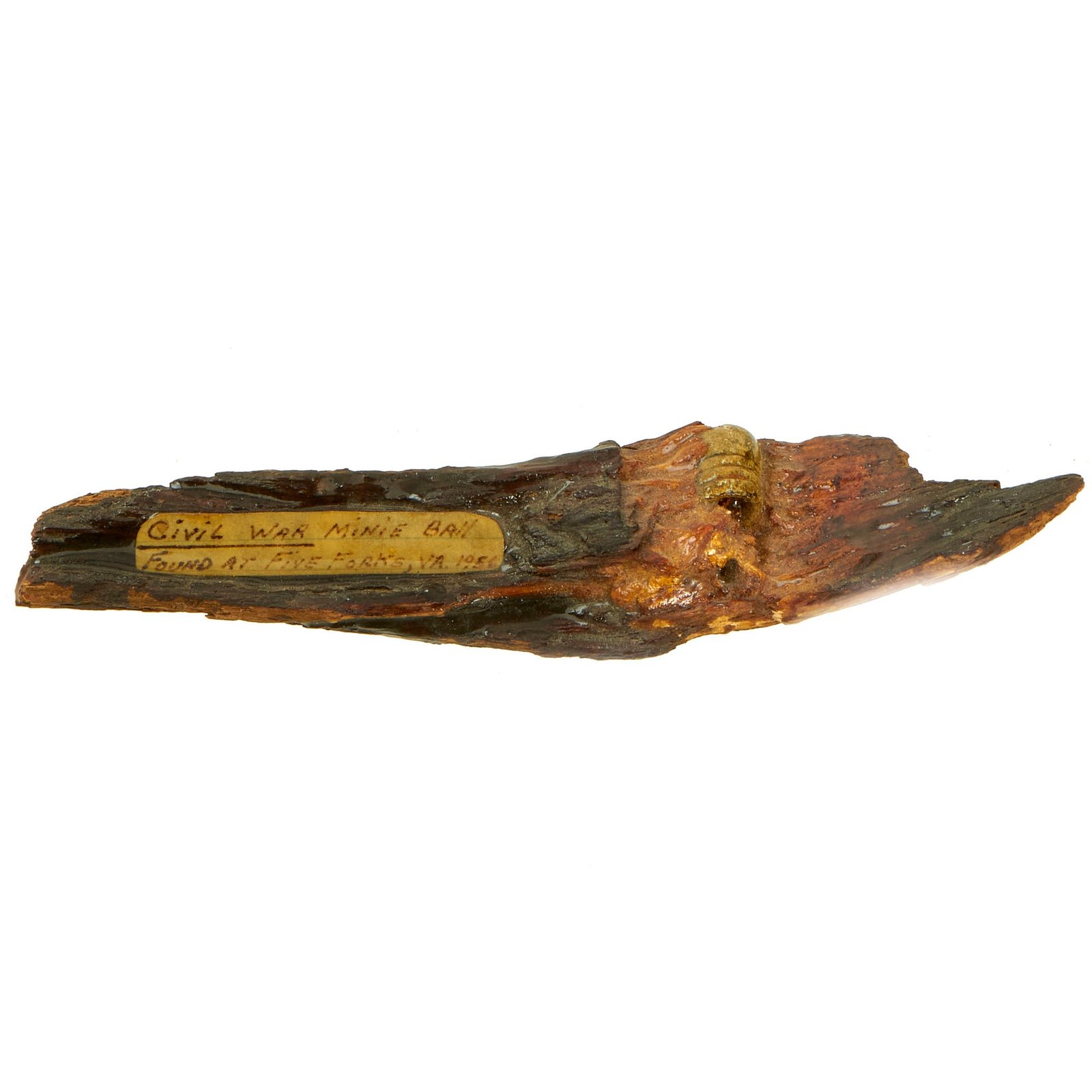 Buy Original U.S. Civil War Minié Ball Found Stuck In Wood and Recovered From The Location of The Battle of Five Forks, Virginia in 1956 | Original Firearms Antique For Sale