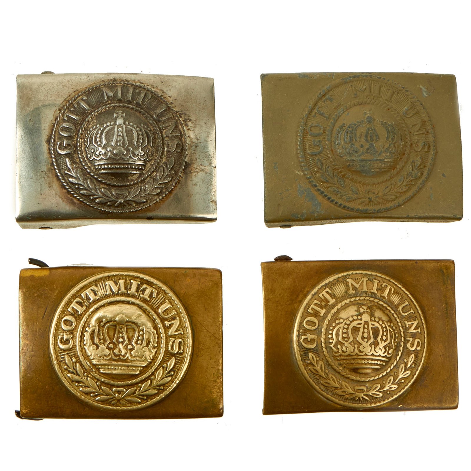 Buy Original Imperial German WWI Set of Four Prussian "Gott Mit Uns" Belt Buckles - (2) M1895 Brass & (2) M1915 Steel | Original Firearms Antique For Sale